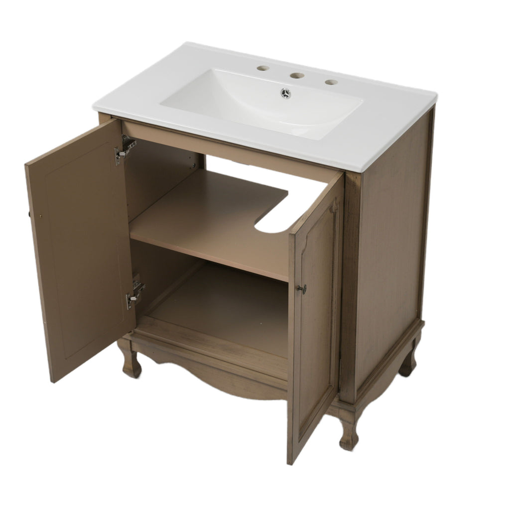 Vintage Bathroom Vanity With Ceramic Sink, Adjustable Shelves