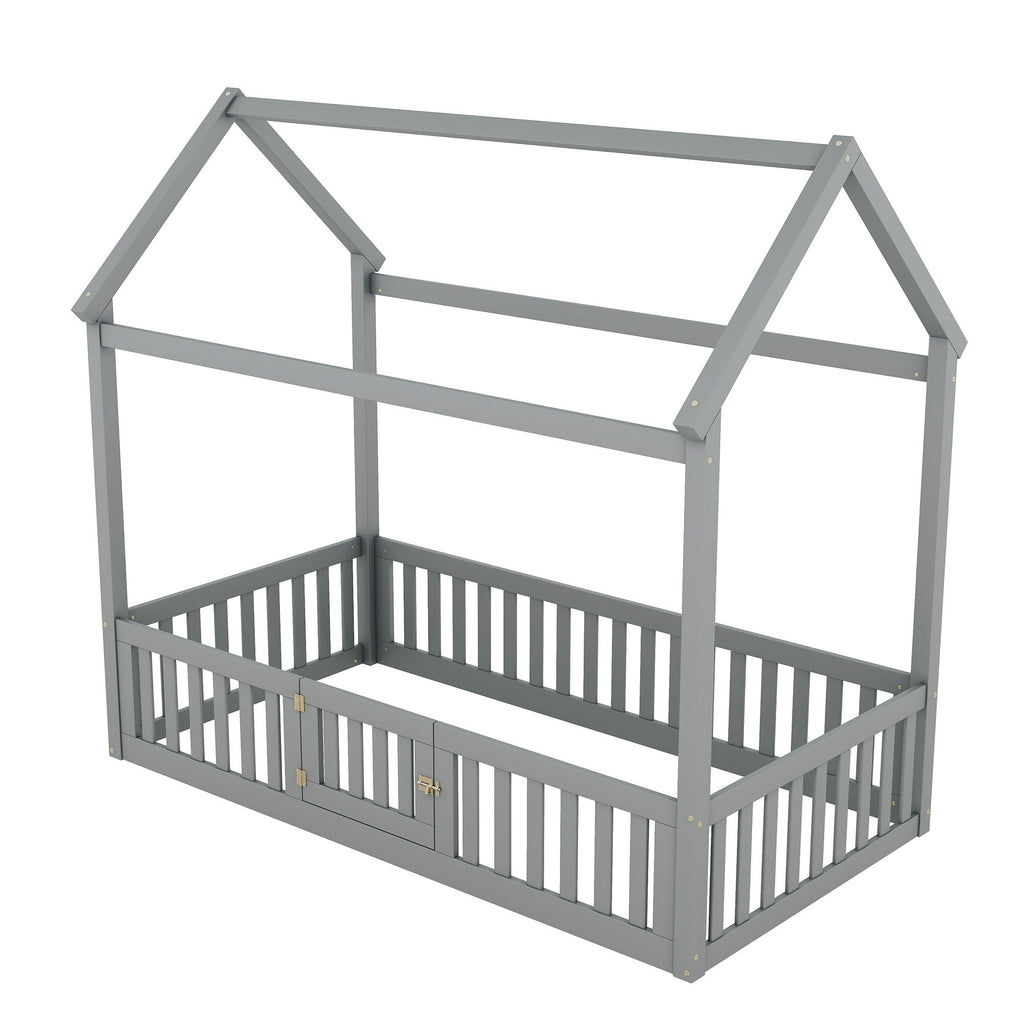 Wood House Bed With Fence And Door