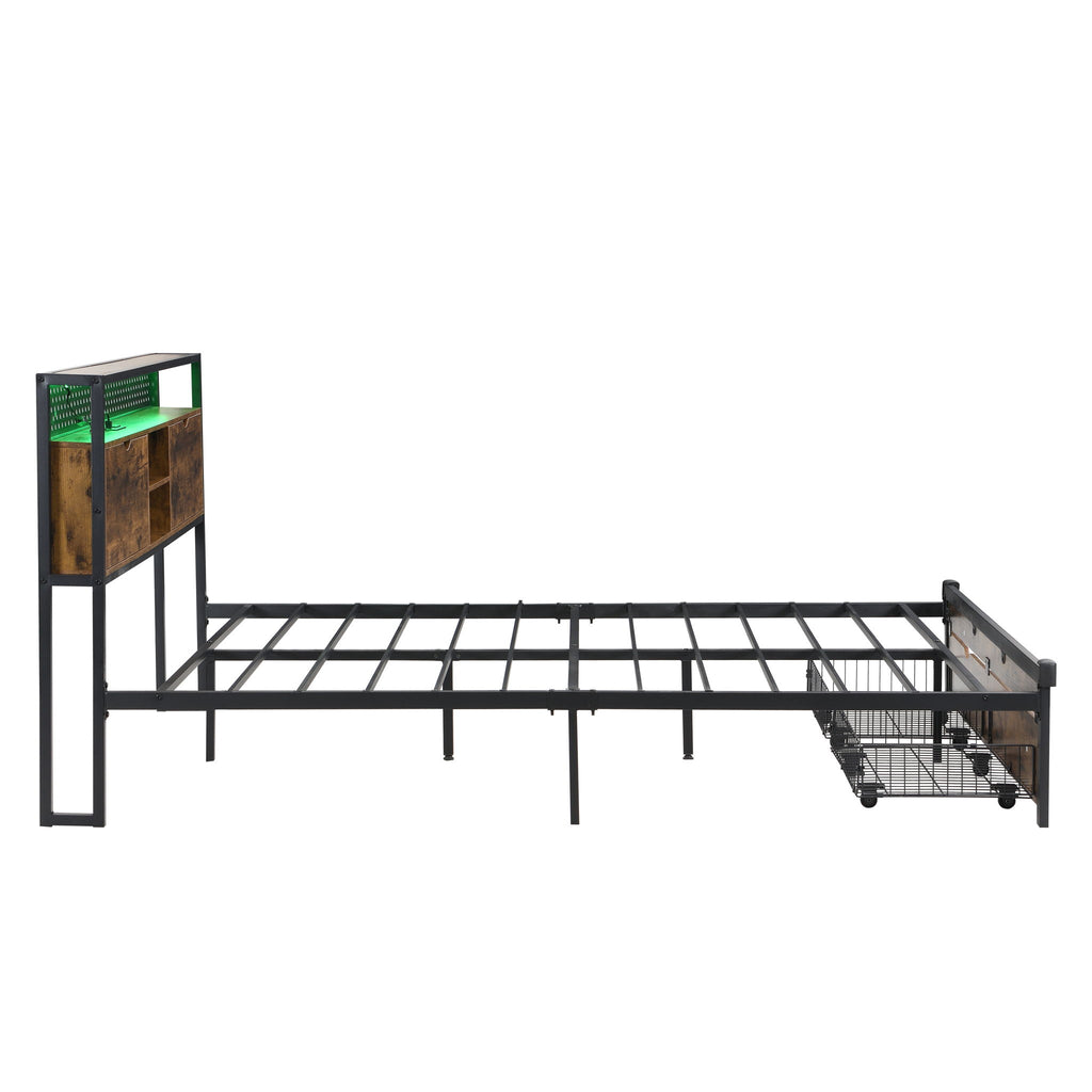 Modern Metal Platform Bed Frame With Wooden Headboard, USB Charging Station, Storage Drawers