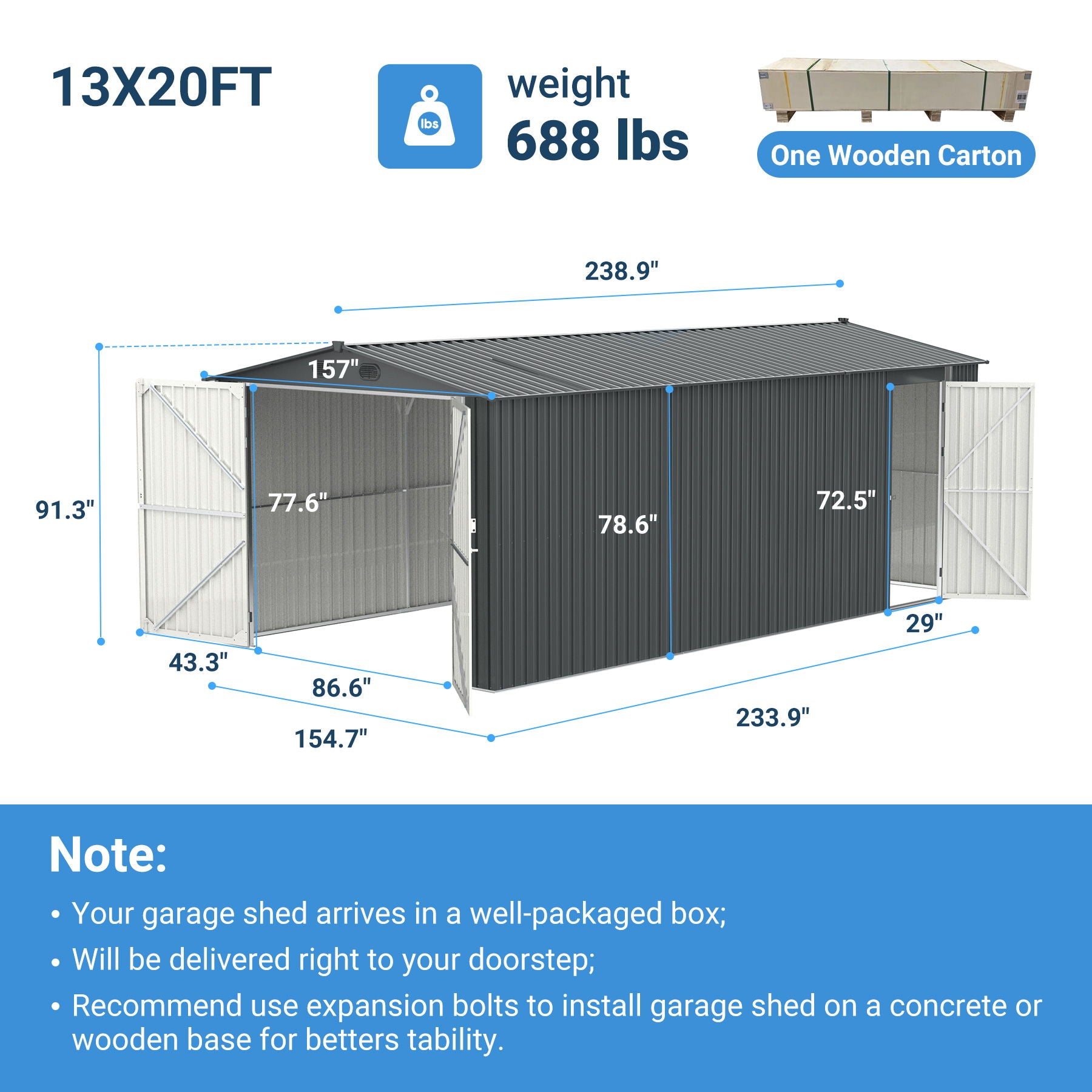 Outdoor Storage Shed, Metal Garden Shed Backyard Utility Tool House Building With 2 Doors And 4 Vents For Car, Truck, Bike, Garbage Can, Tool, Lawnmower