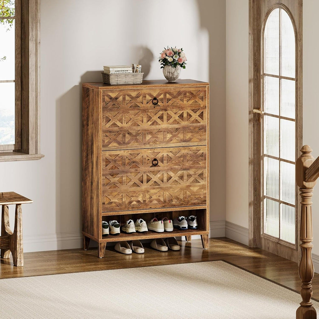 Narrow Shoe Cabinet With 2 Flip Drawers For Entryway Organizer - Rustic Brown