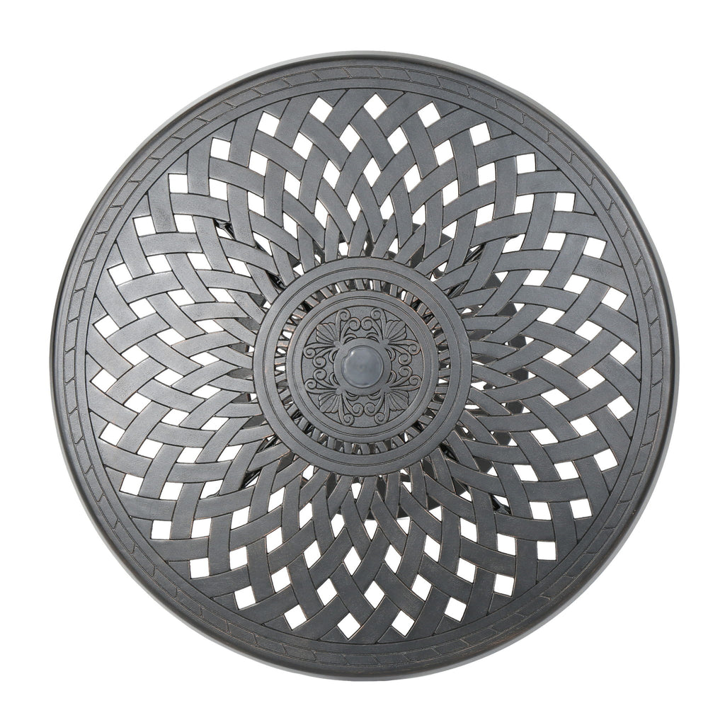 Elegant Cast Aluminum Round Bar Table With Romantic Filigree Design - Copper