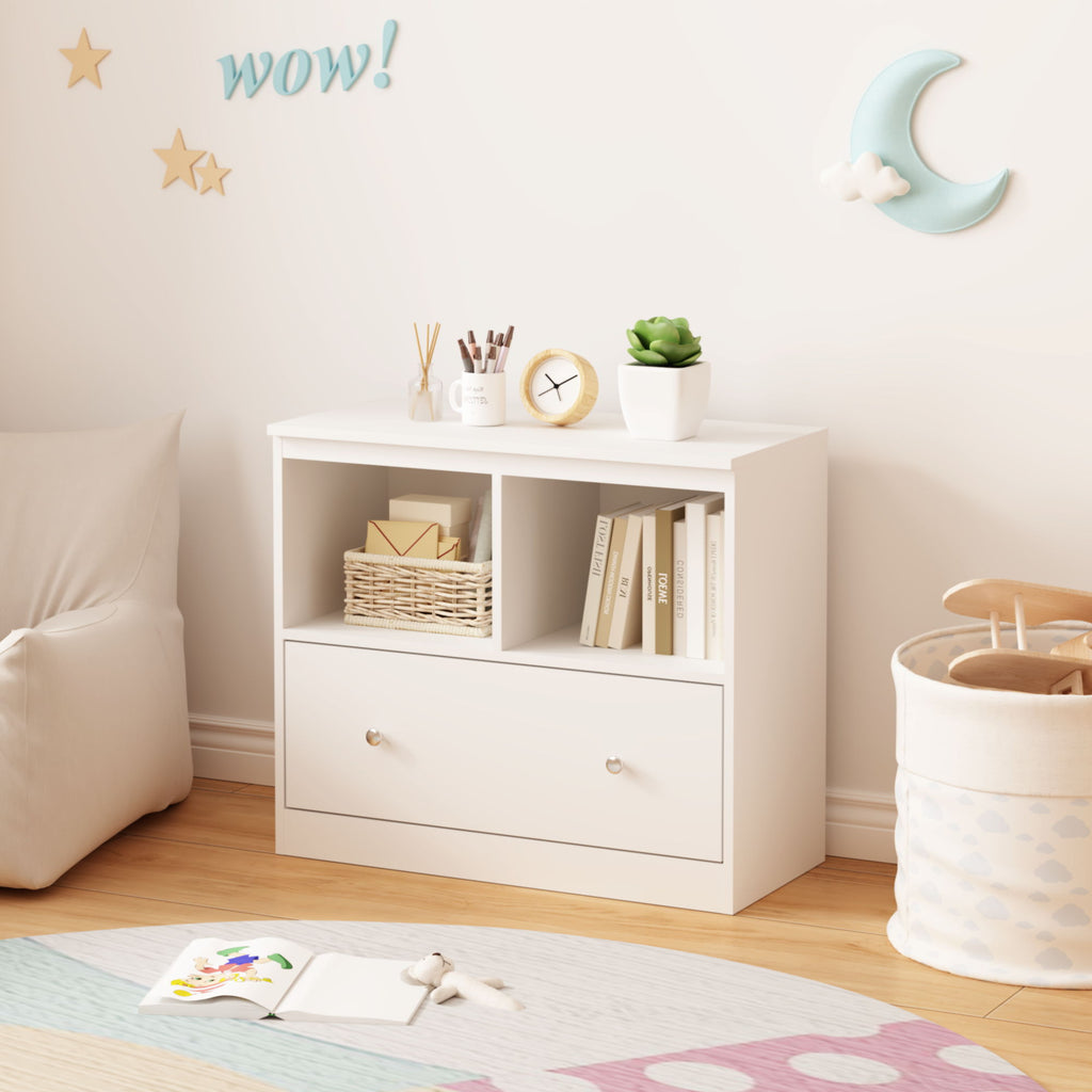 Toy Storage Organizer With Large Drawer And Low Bookshelf For Nursery & Playroom - White