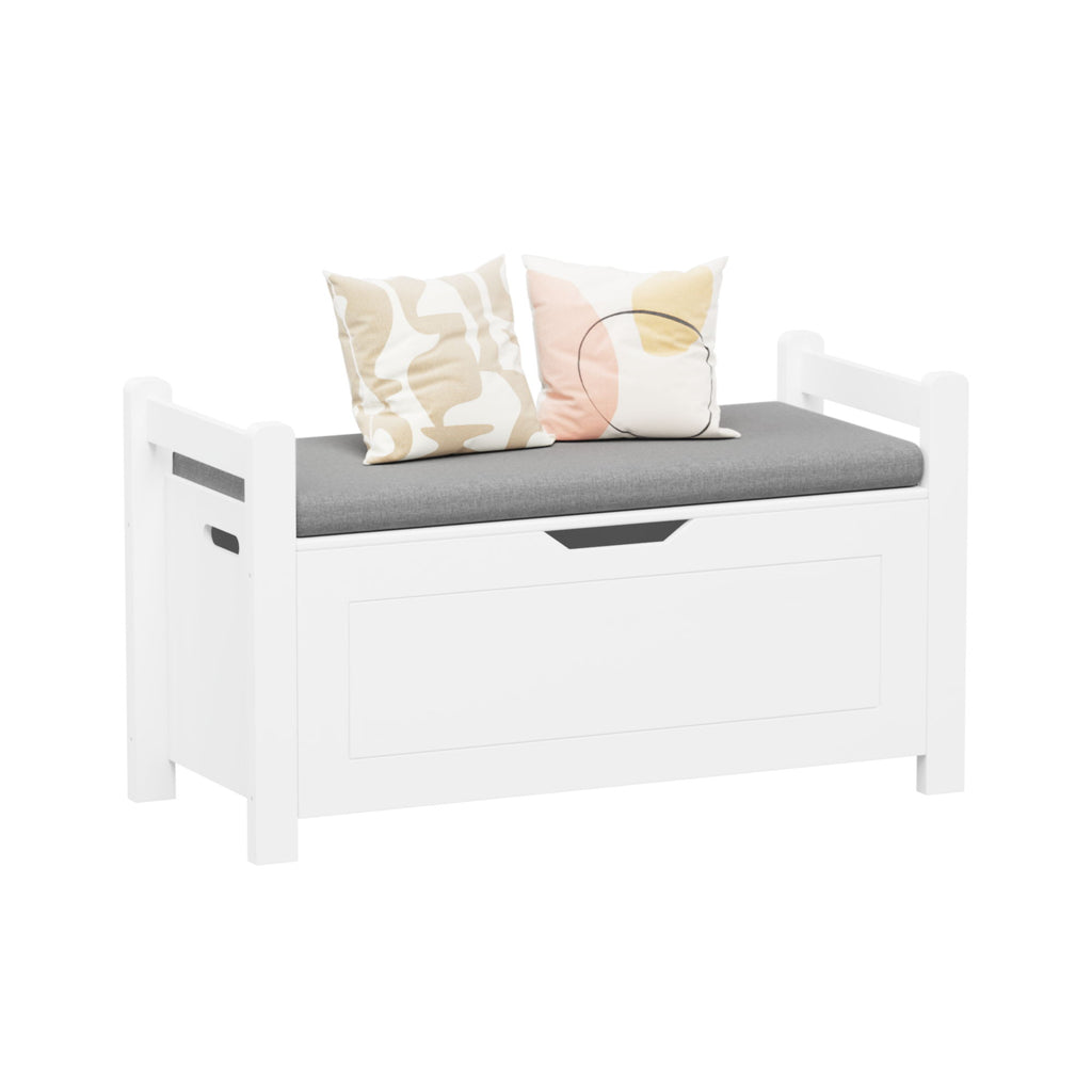 Kids Toy Box Chest Storage Cabinet With Cushion Seat Bench Flip Top Lid Safety Hinge - White