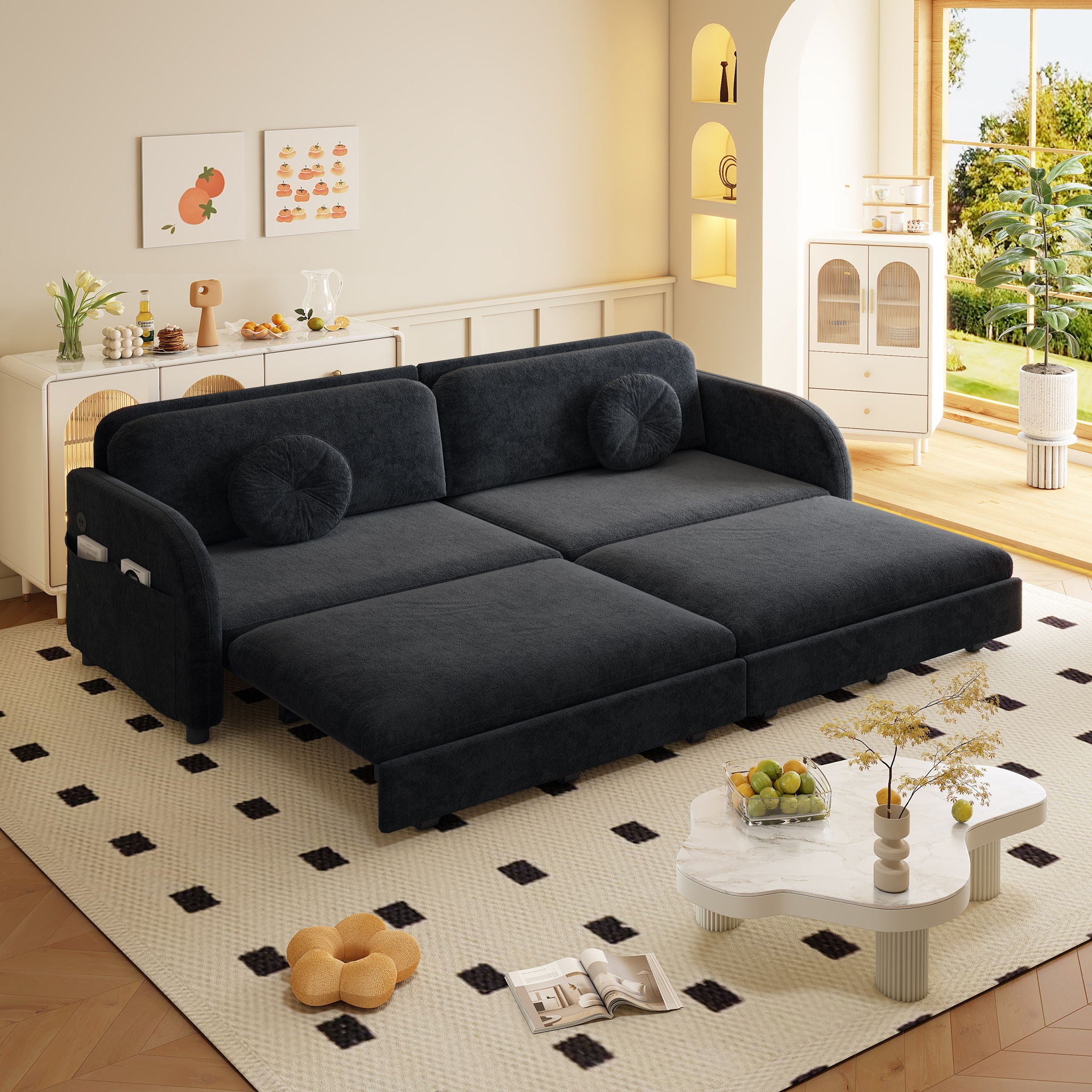 Upholstered Pull Out Couch With Side Pocket & USB Port