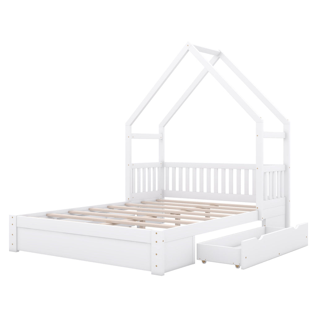 House Style Platform Bed With Guardrail And 2 Drawers