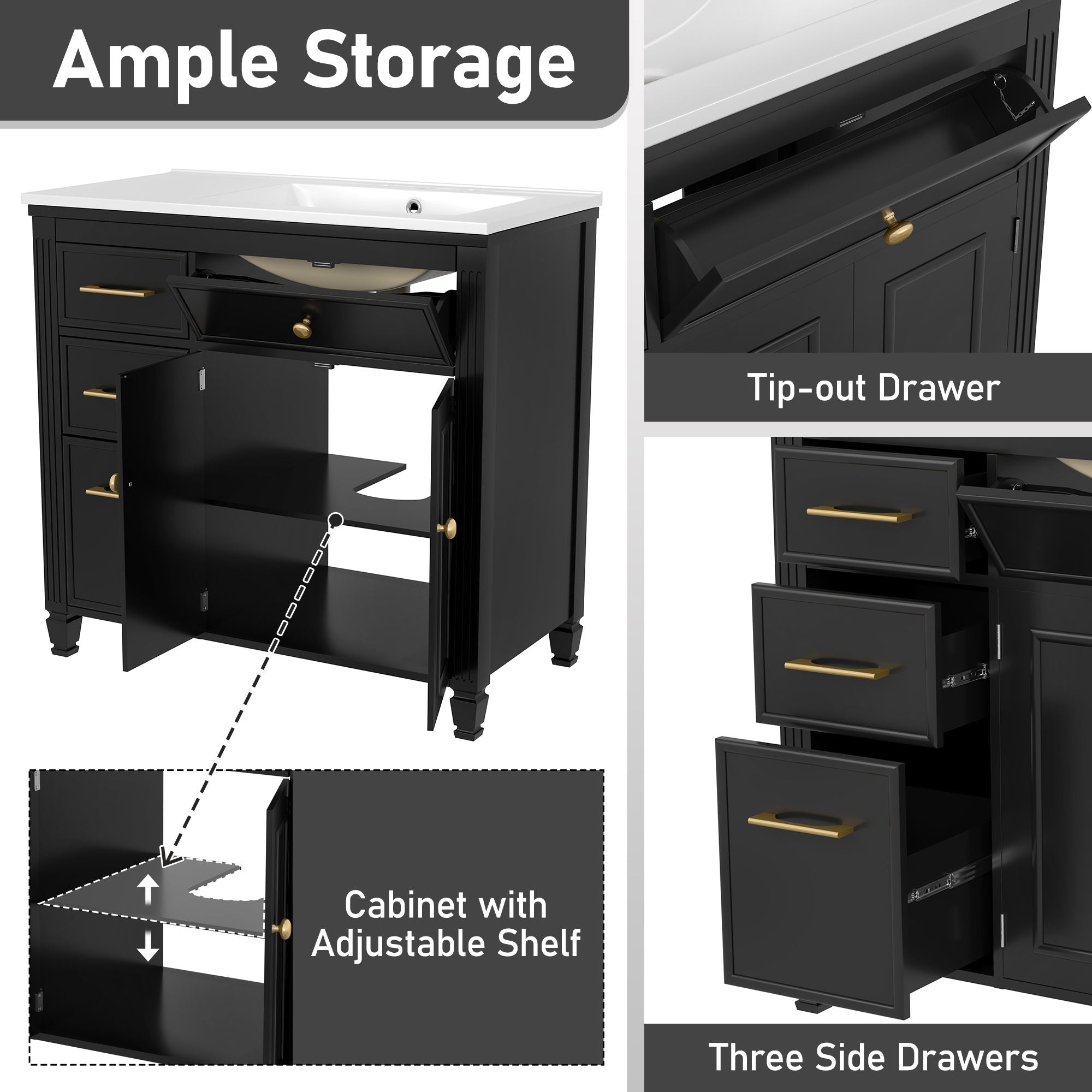 Modern Bathroom Vanity With Ceramic Sink, Freestanding, One Tip Out Drawer, 3 Side Drawers, Adjustable Shelf