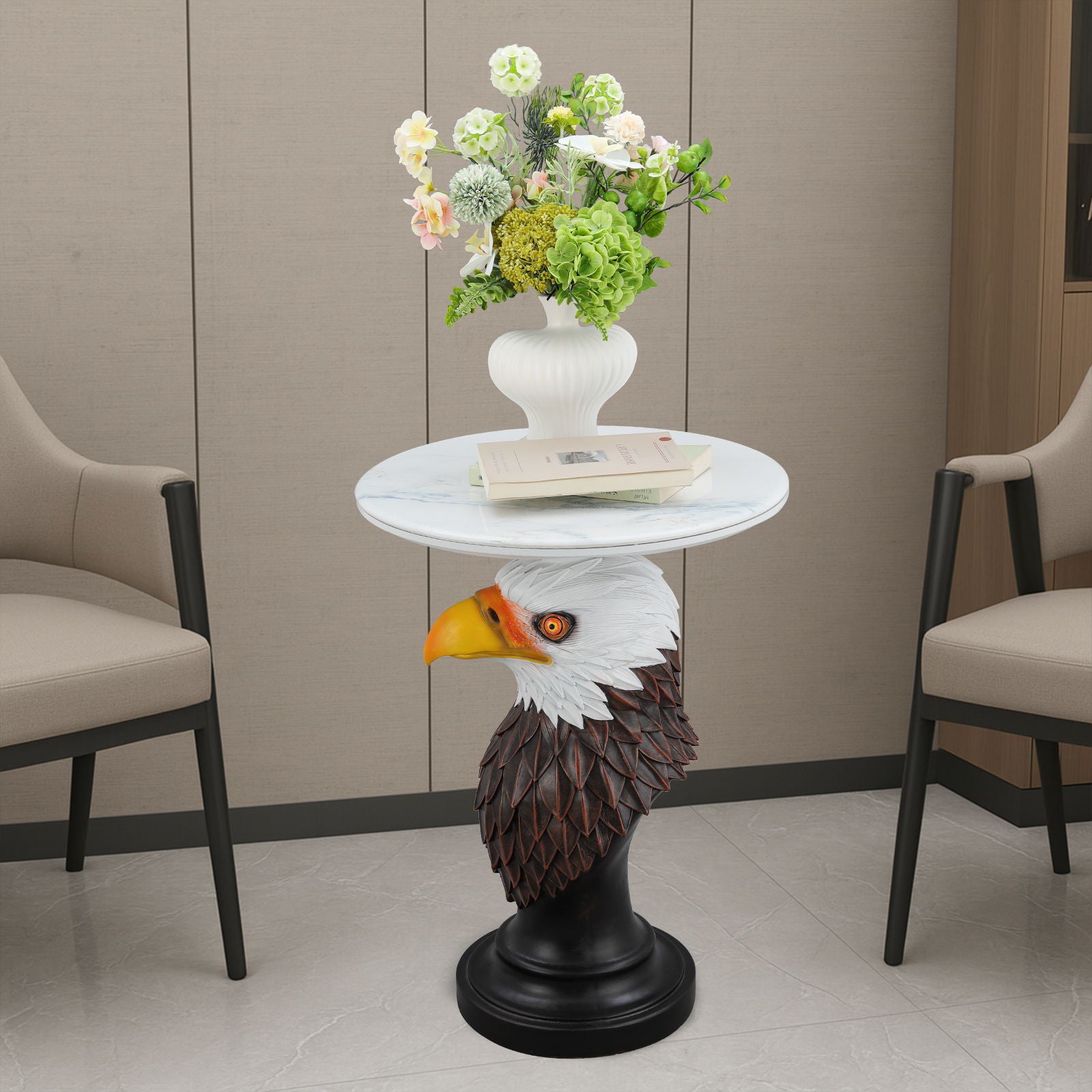 Eagle Head Accent Table, Animal Statue End Tables For Living Room - Brown / Antique White
