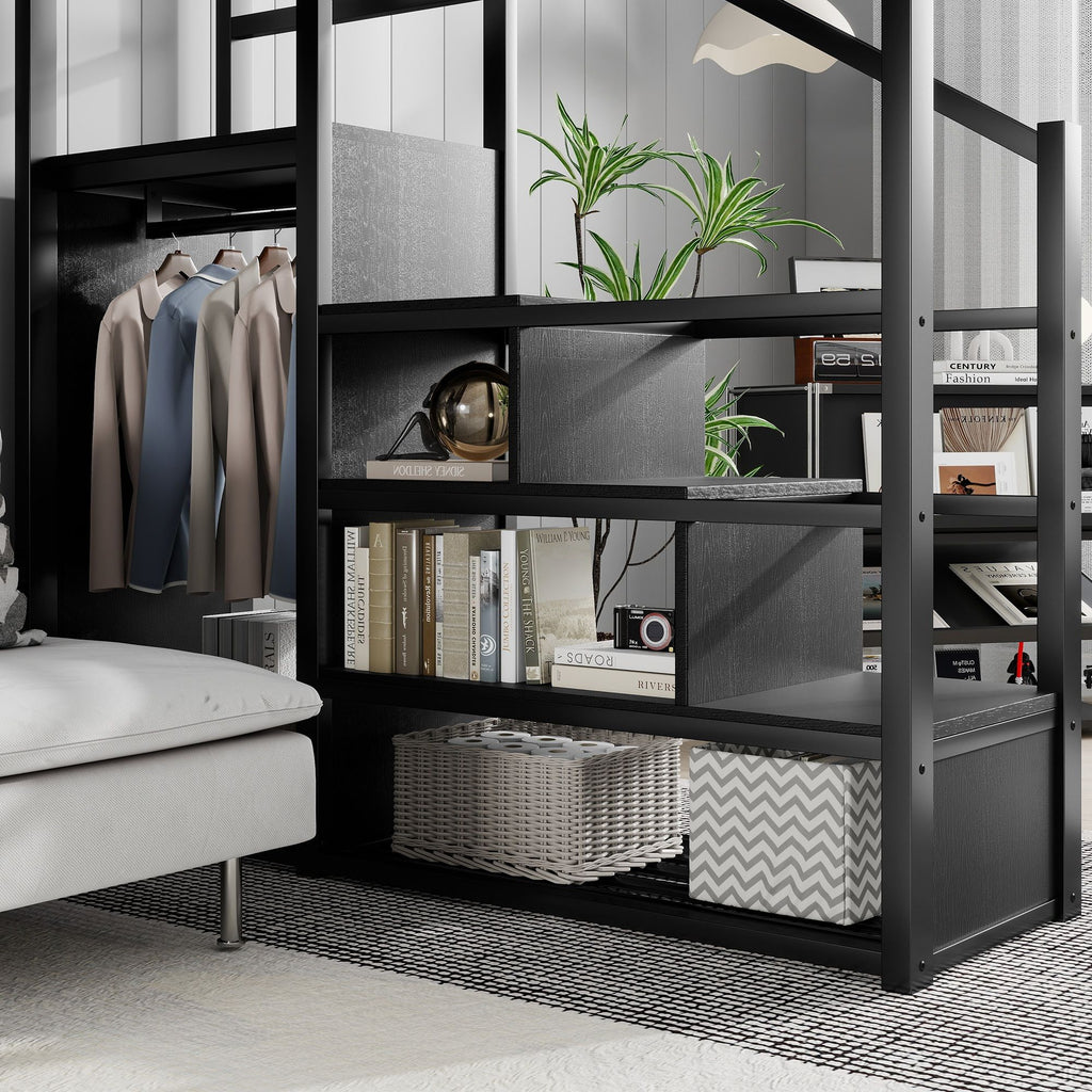 Queen Size Loft Bed With Stairs, Storage Shelves, Wardrobe - Black