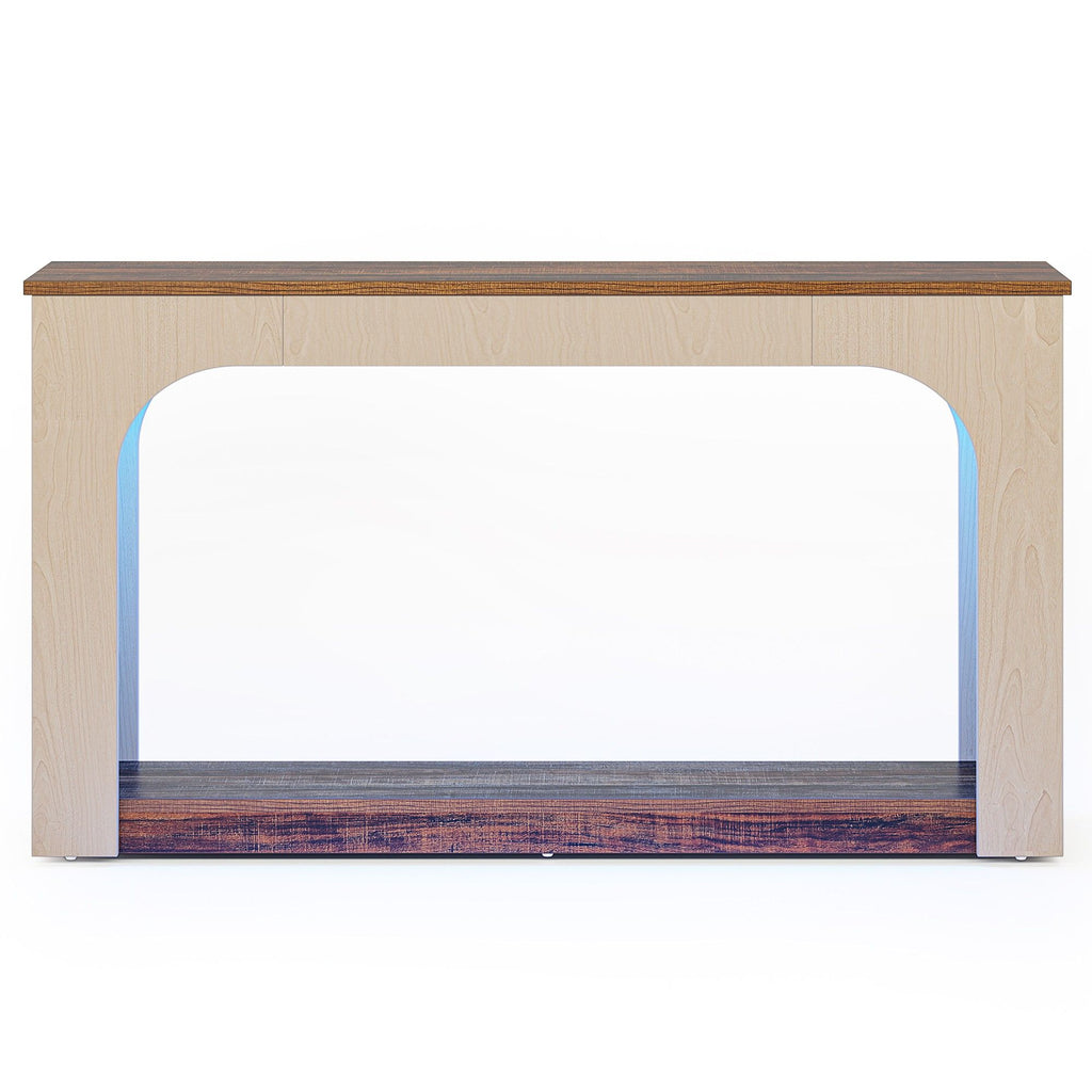 2 Tier Narrow Console Table With LED Lights For Entryway - Brown