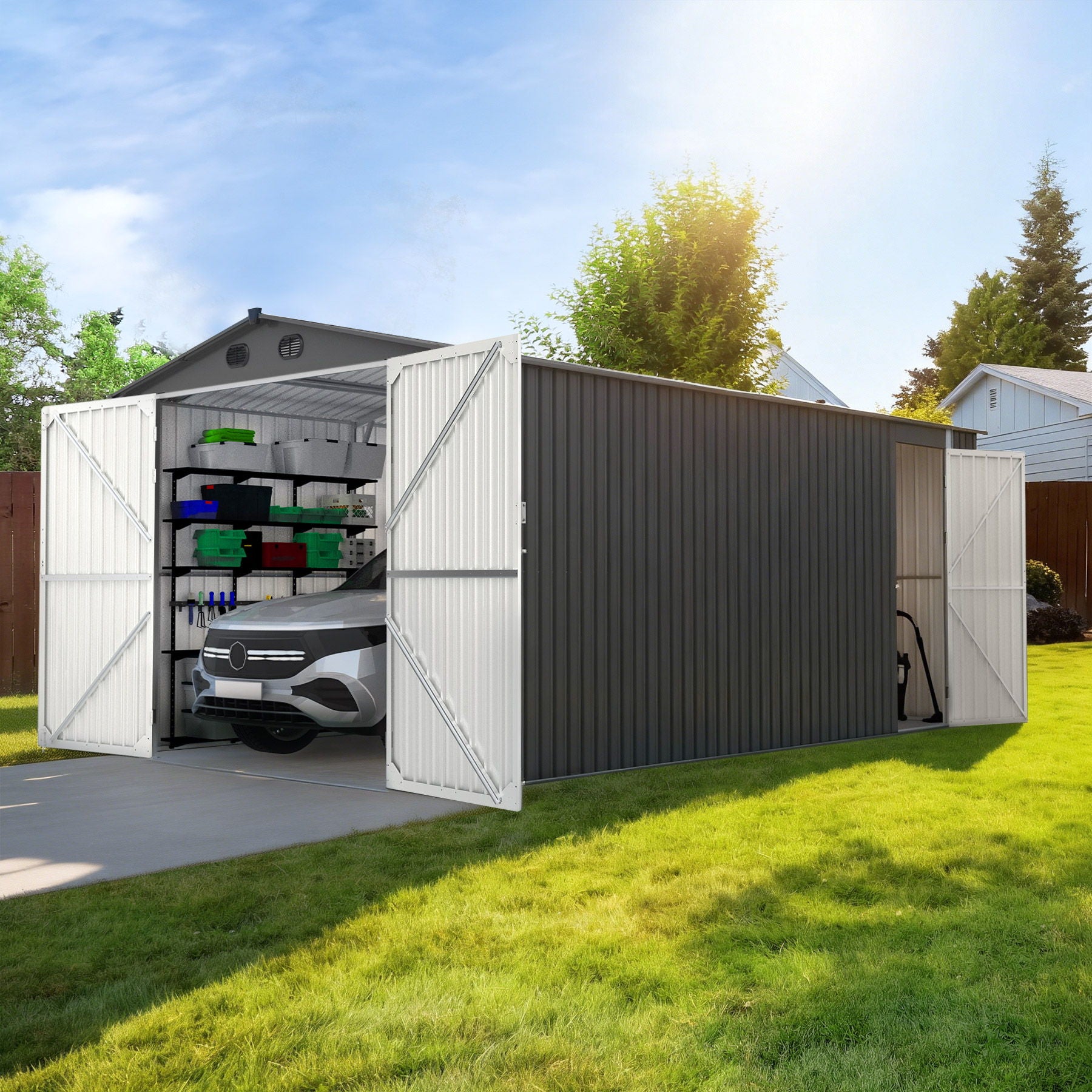 Outdoor Storage Shed, Metal Garden Shed Backyard Utility Tool House Building With 2 Doors And 4 Vents For Car, Truck, Bike, Garbage Can, Tool, Lawnmower