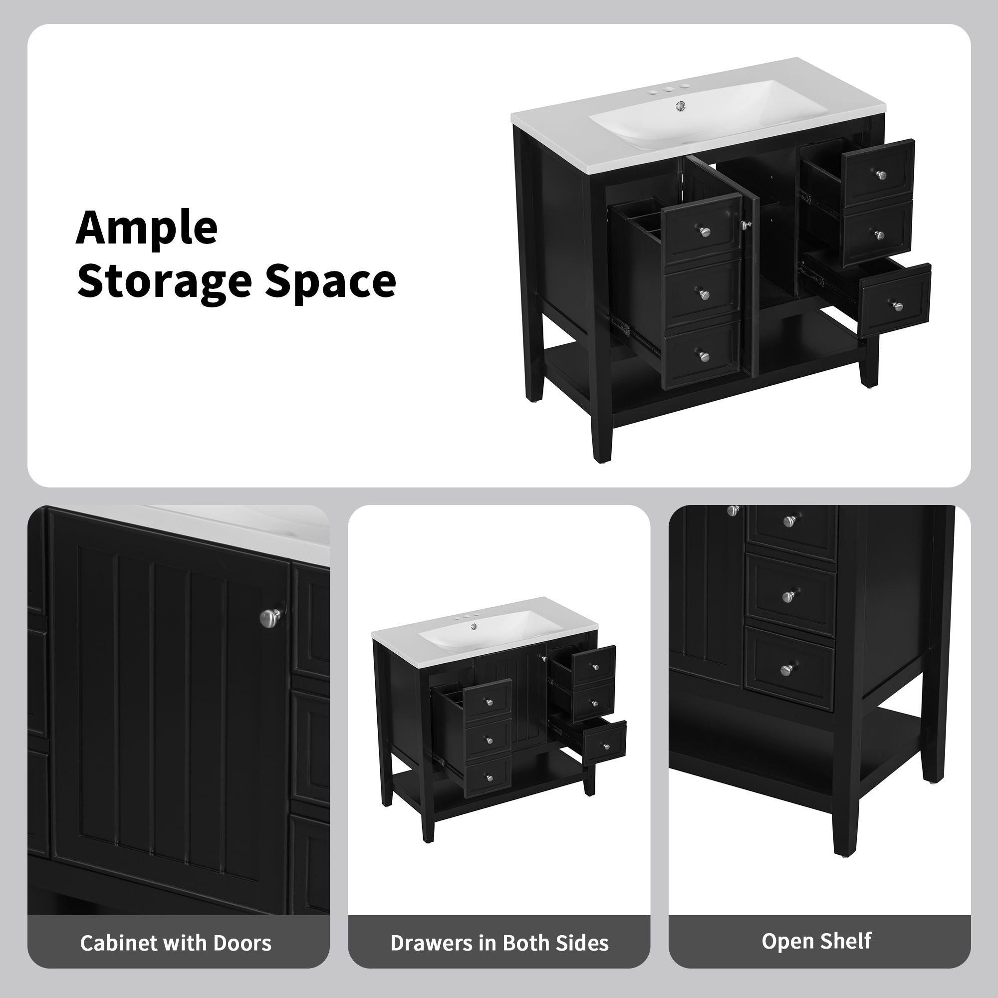36" Bathroom Vanity & Sink, 2 Cabinet And 3 Drawers - Black