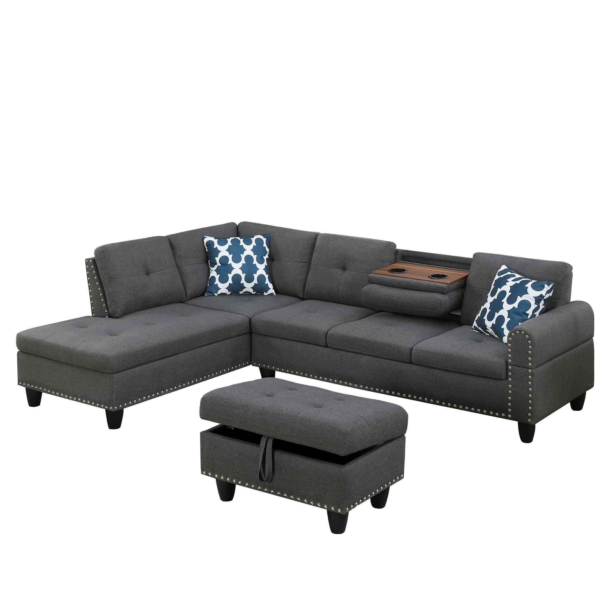 Alger - Left Hand Facing Sofa & Chaise With Ottoman - Dark Gray