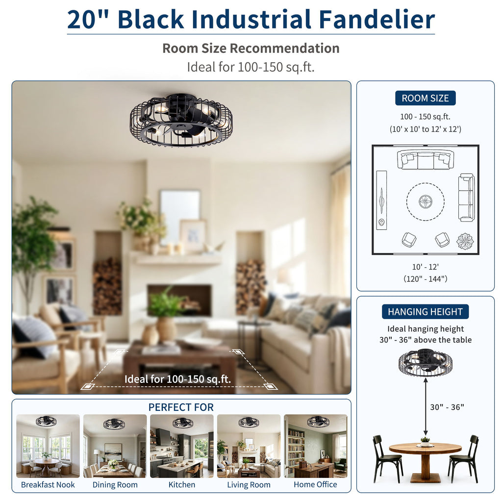 Flush Mount Ceiling Fan With Lights, Low Profile Fandelier With E12 Sockets, Reversible DC Motor, 6 Speeds - Black