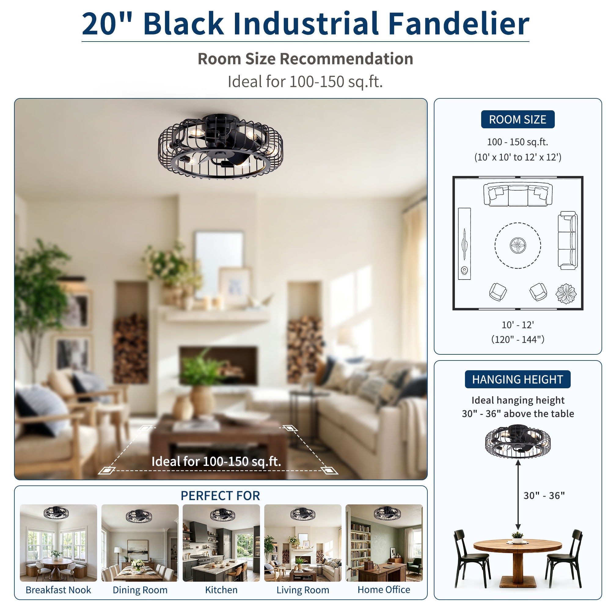 Flush Mount Ceiling Fan With Lights, Low Profile Fandelier With E12 Sockets, Reversible DC Motor, 6 Speeds - Black