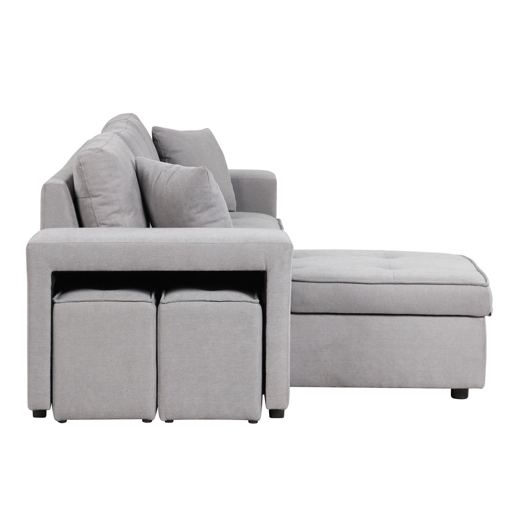 Modern L-Shape 3 Seat Reversible Sectional Couch, Pull Out Sleeper Sofa With Storage Chaise And 2 Stools For Living Room Furniture Set