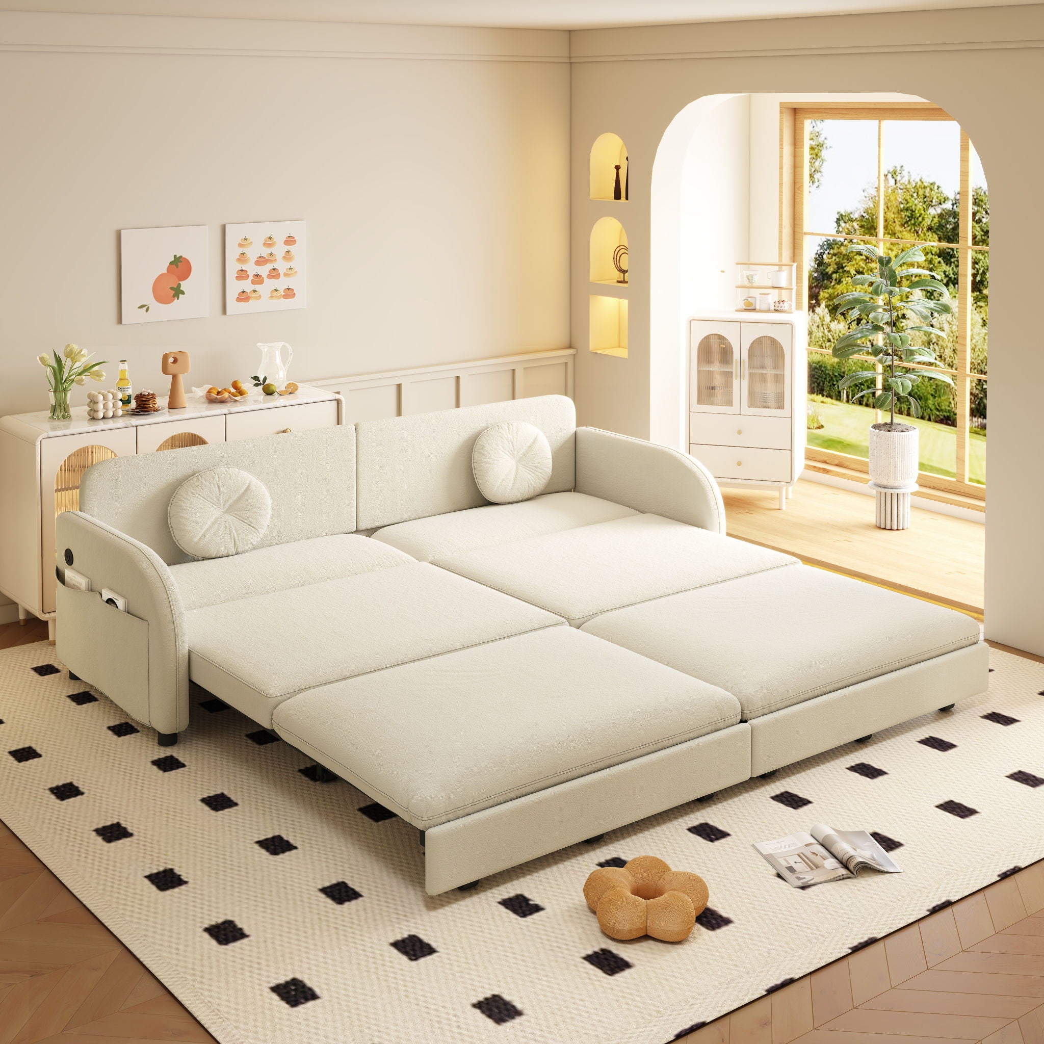 Upholstered Pull Out Couch With Side Pocket & USB Port