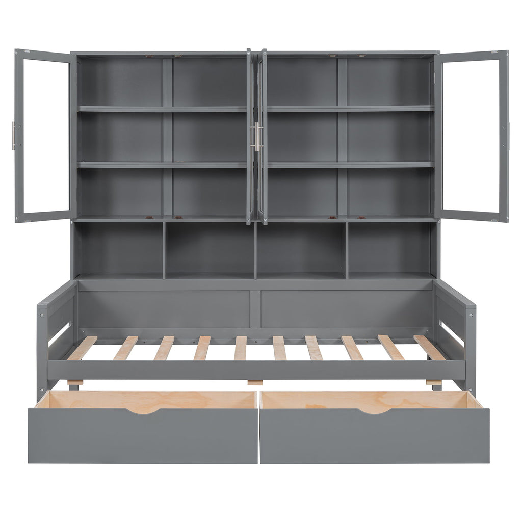 Daybed With Glass Door Storage Cabinets, Built In LED Lighting And Shelves