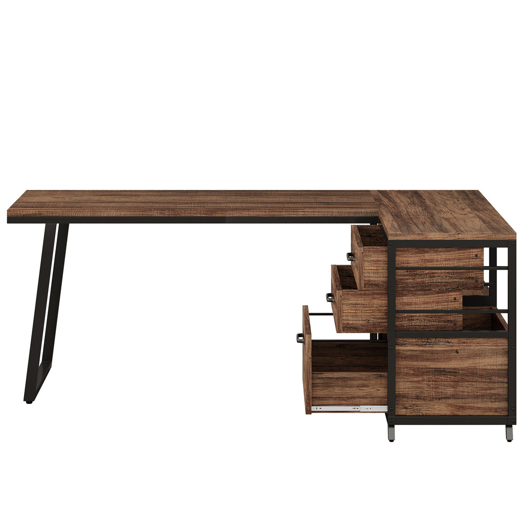L-Shaped Computer Desk With 3 Drawers And Storage Shelves, Reversible Corner Workstation For Small Rooms - Brown / Black