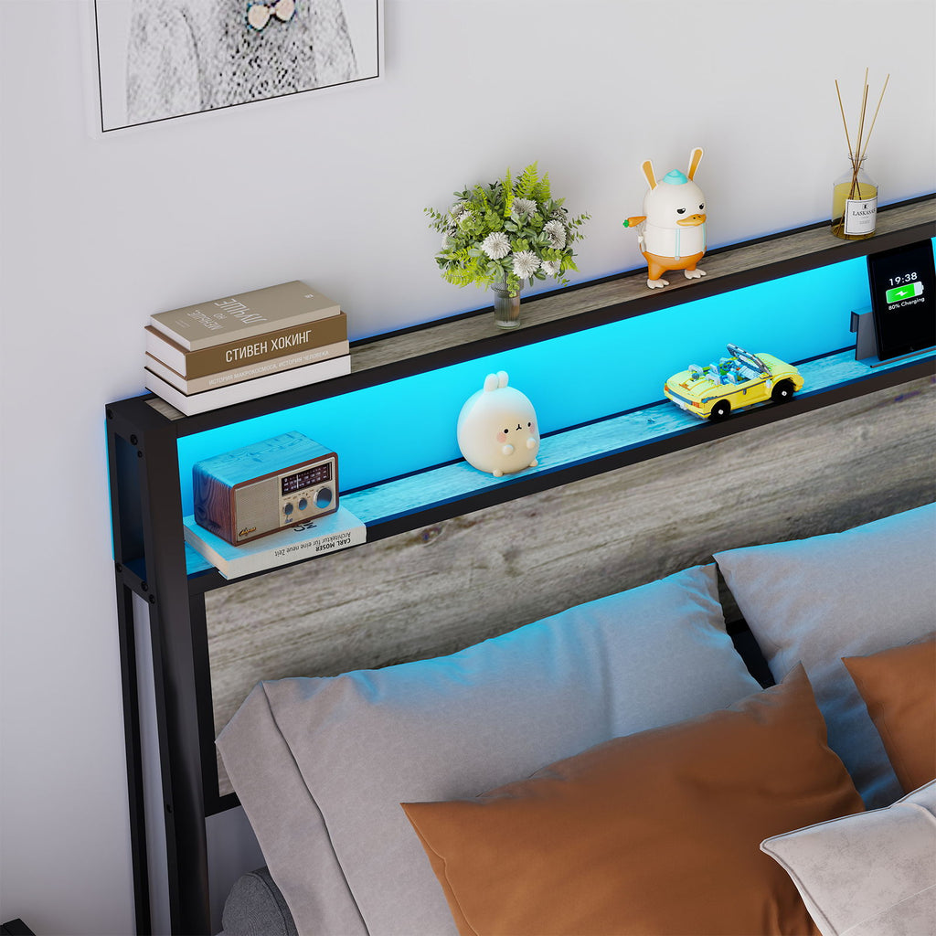 Bed Frame With Headboard, LED Lights & Charging Station