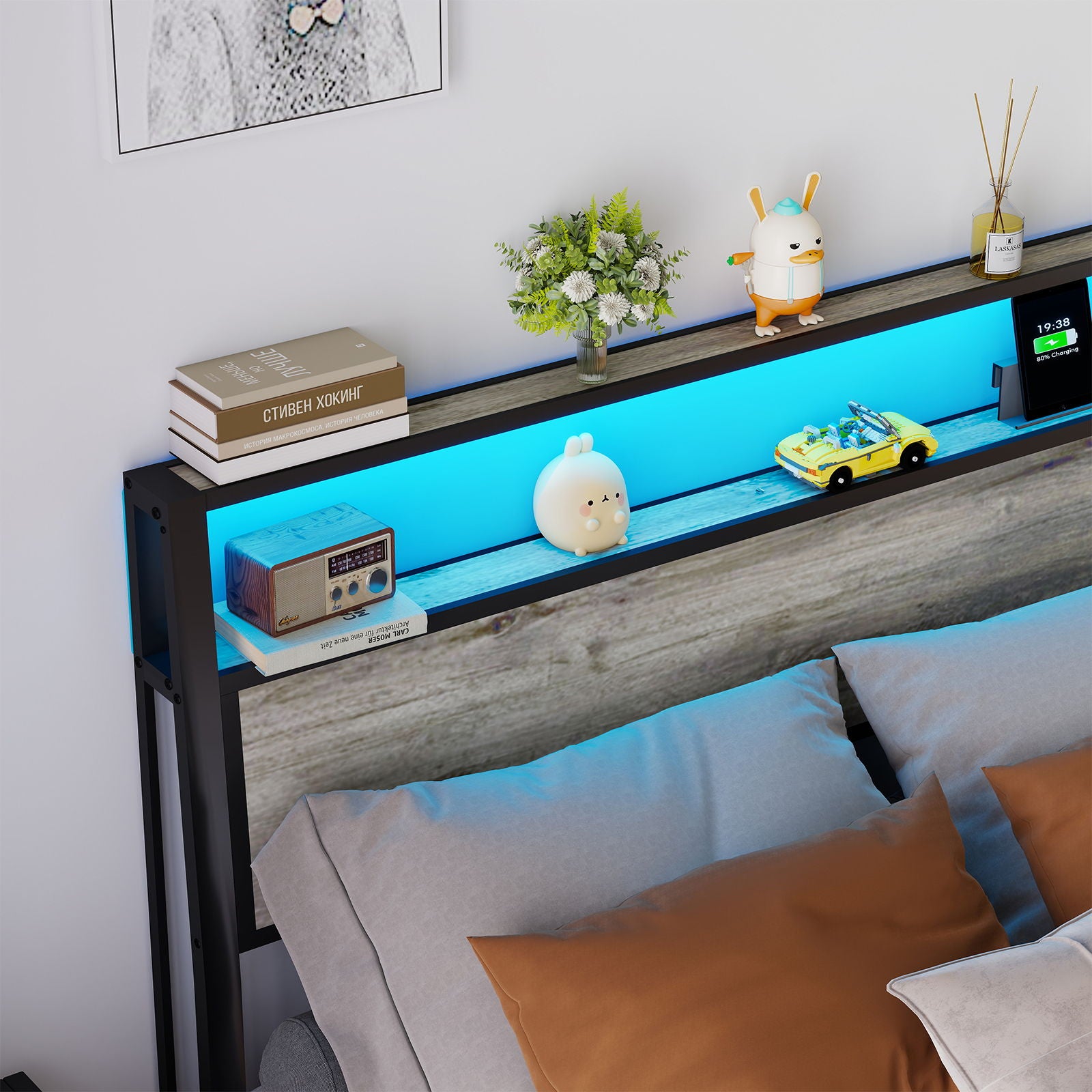 Bed Frame With Headboard, LED Lights & Charging Station