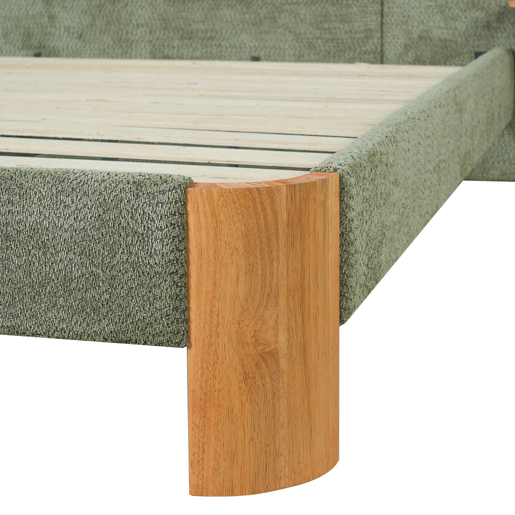 Upholstered Platform Bed Frame With Curved Headboard, Built-In Floating Shelves