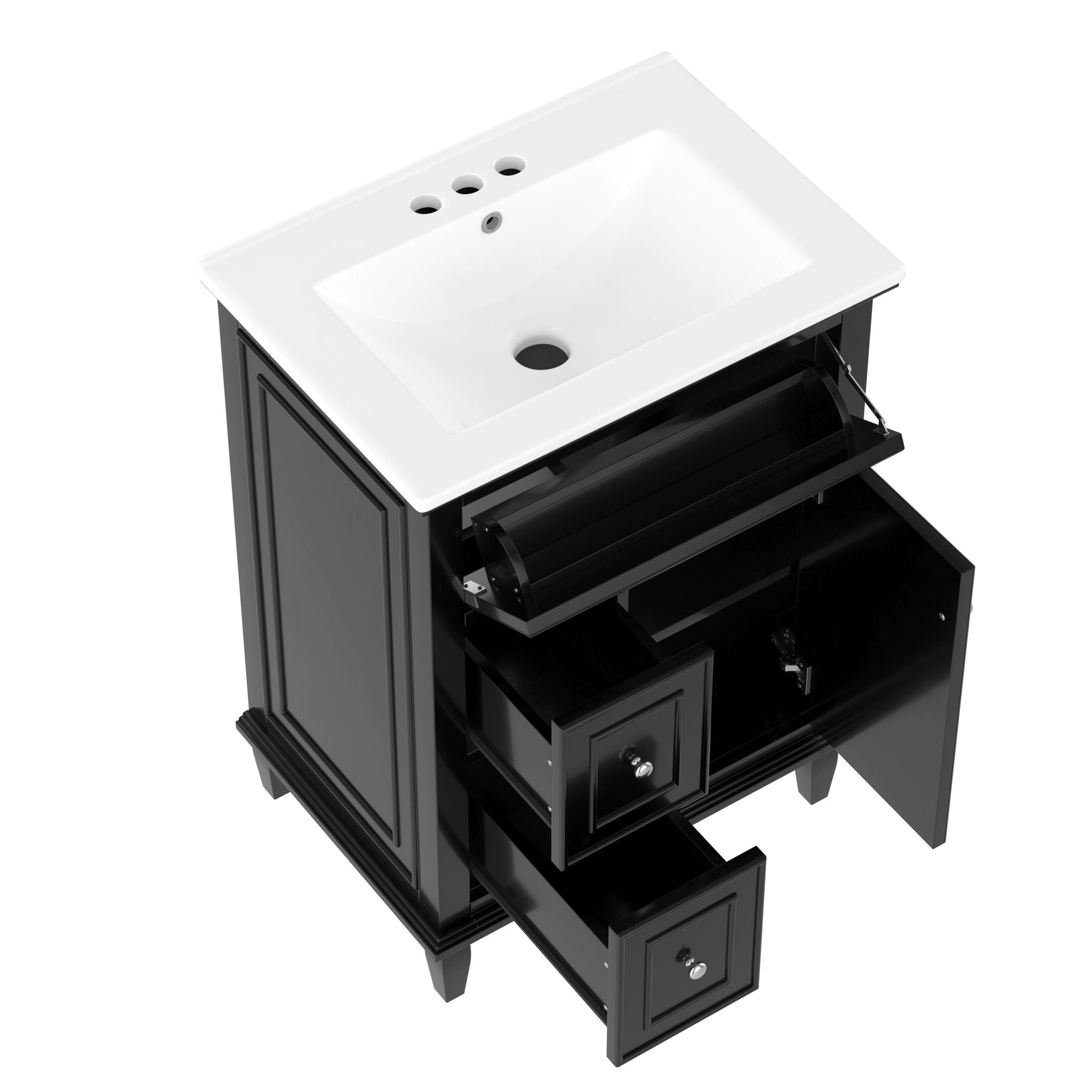 24" Bathroom Vanity With Sink, Cabinet, Adjustable Shelf, Flip Drawer & 2 Drawers - Black