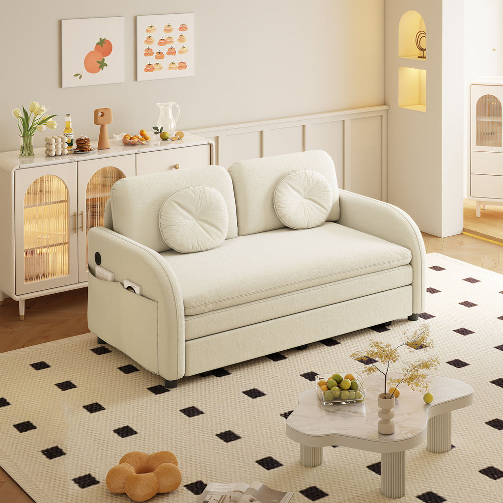 Upholstered Pull Out Couch With Side Pocket & USB Port