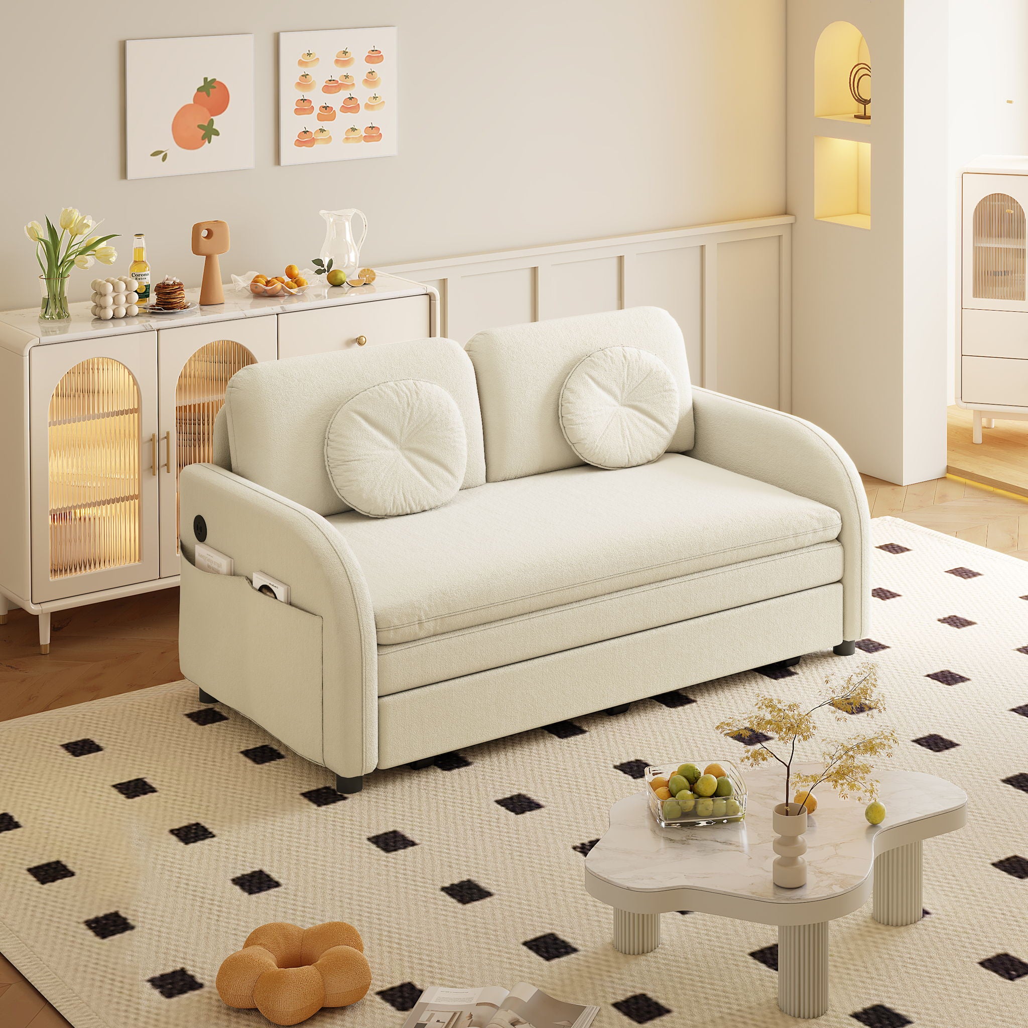 Upholstered Pull Out Couch With Side Pocket & USB Port