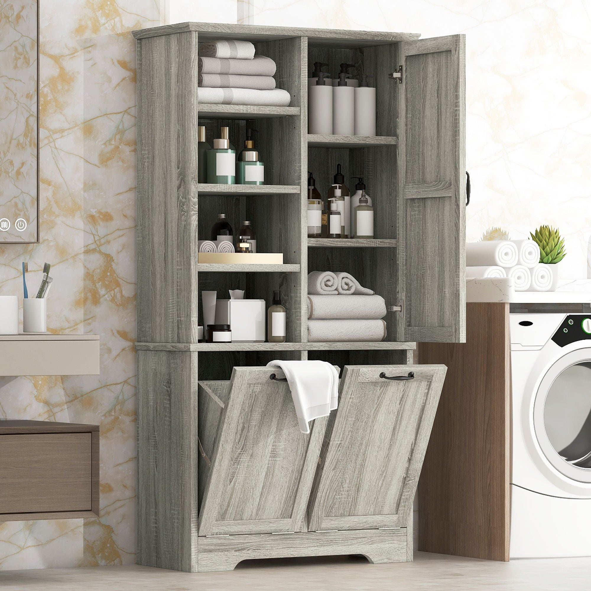 Freestanding Bathroom Storage Cabinet With Doors And Drawers, Adjustable Shelves, Tilt-Out Laundry Hamper