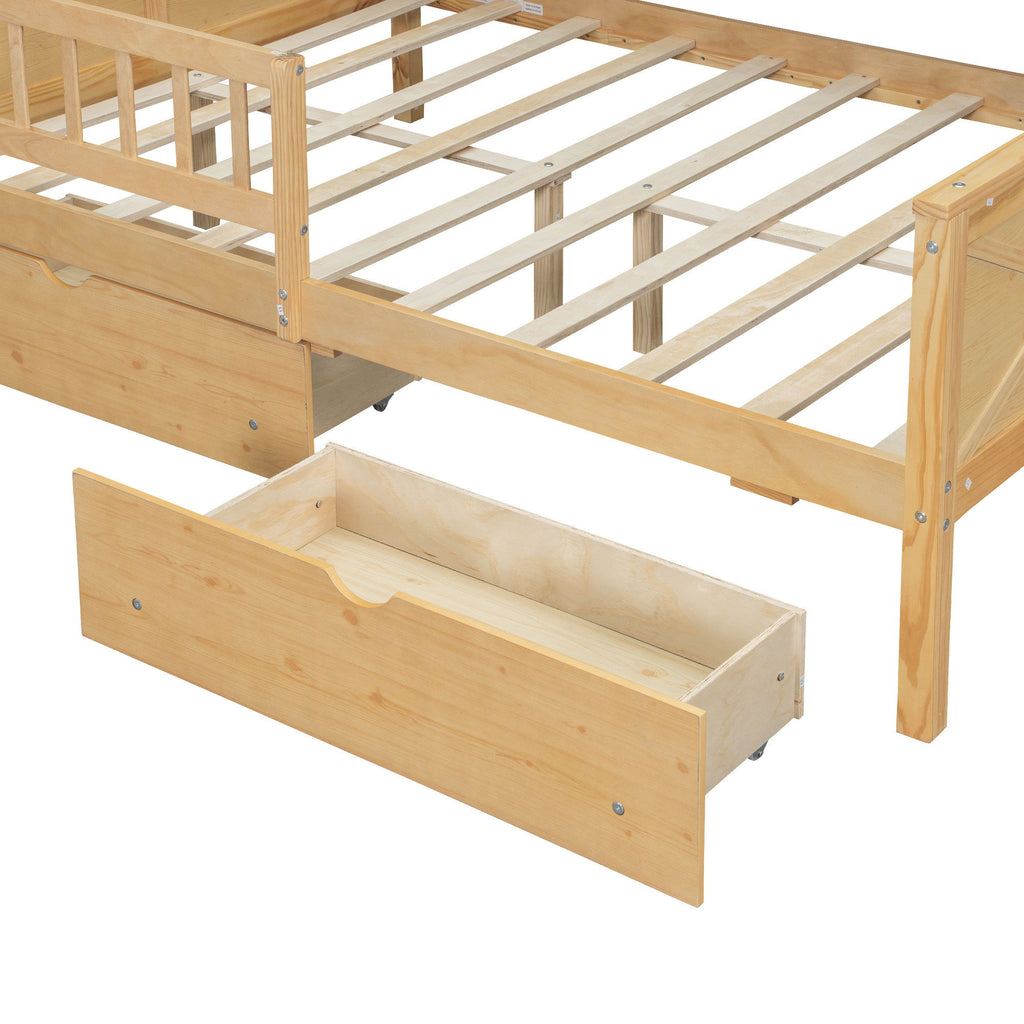 House Style Platform Bed With LED Lights, Storage Shelves, Drawers, And Guardrail