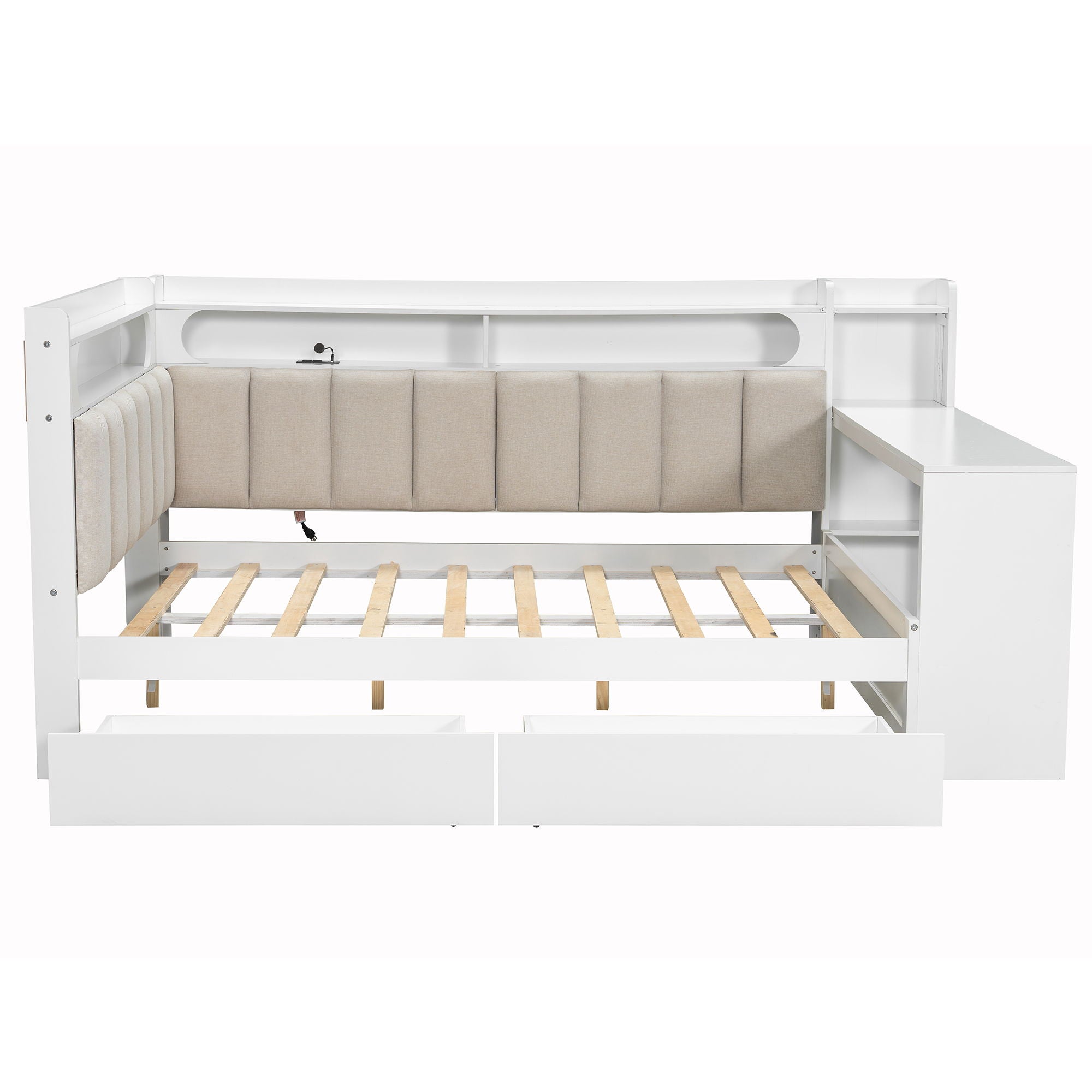Daybed With Upholstered Headboard, Storage Shelves, Drawers, Charging Station, LED Light, And Adjustable Desk