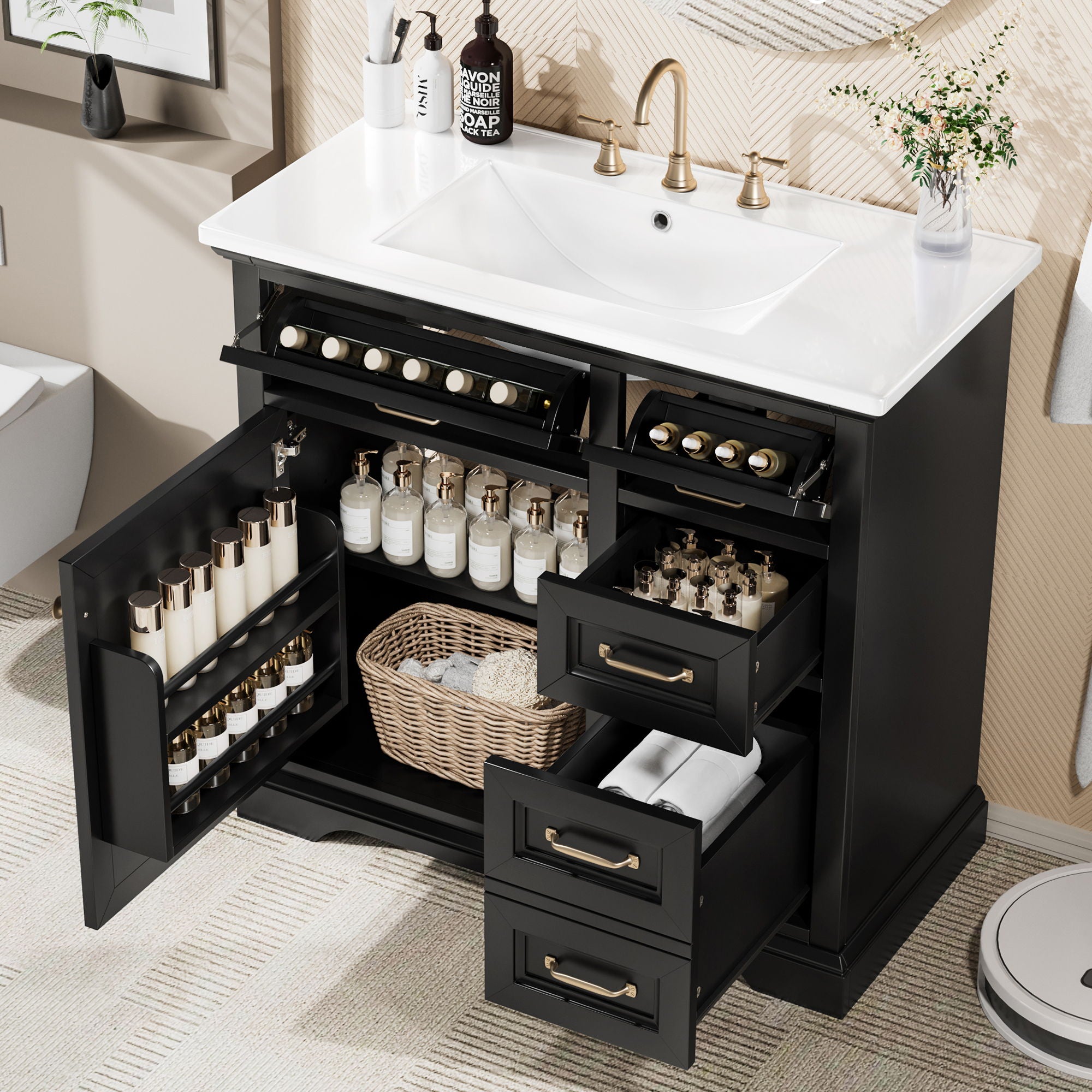 36" Bathroom Vanity With Sink, 2 Tip Out Drawers, Soft Close Hinges