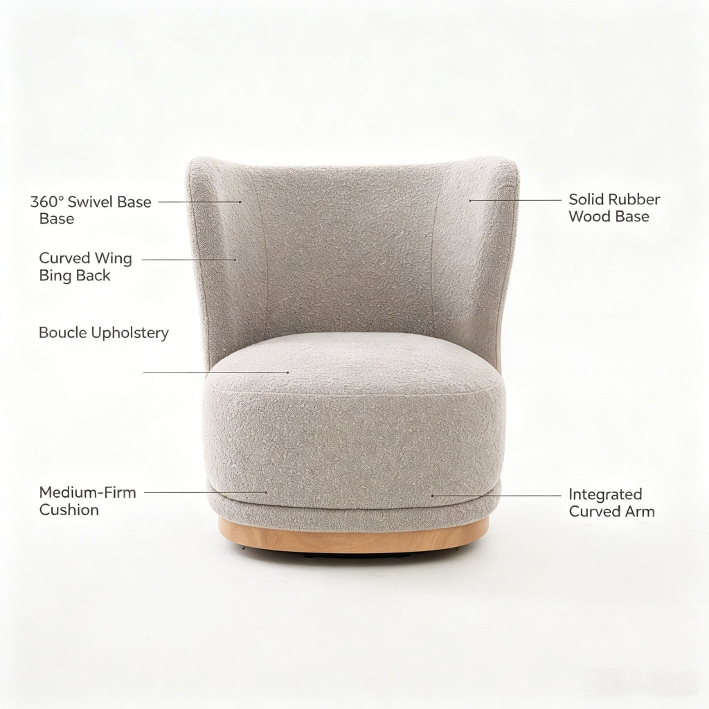 Curved Back Swivel Lounge Chair With Rotating Base For Home - Gray