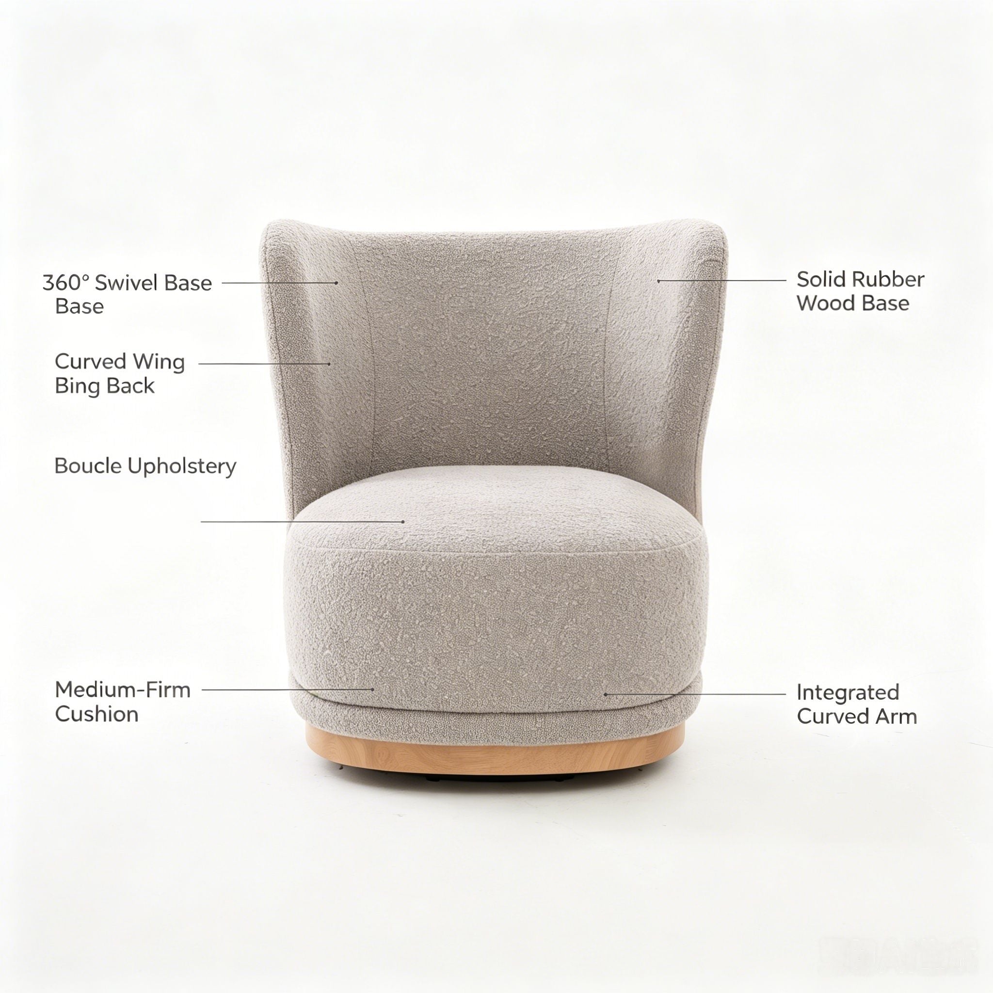 Curved Back Swivel Lounge Chair With Rotating Base For Home - Gray