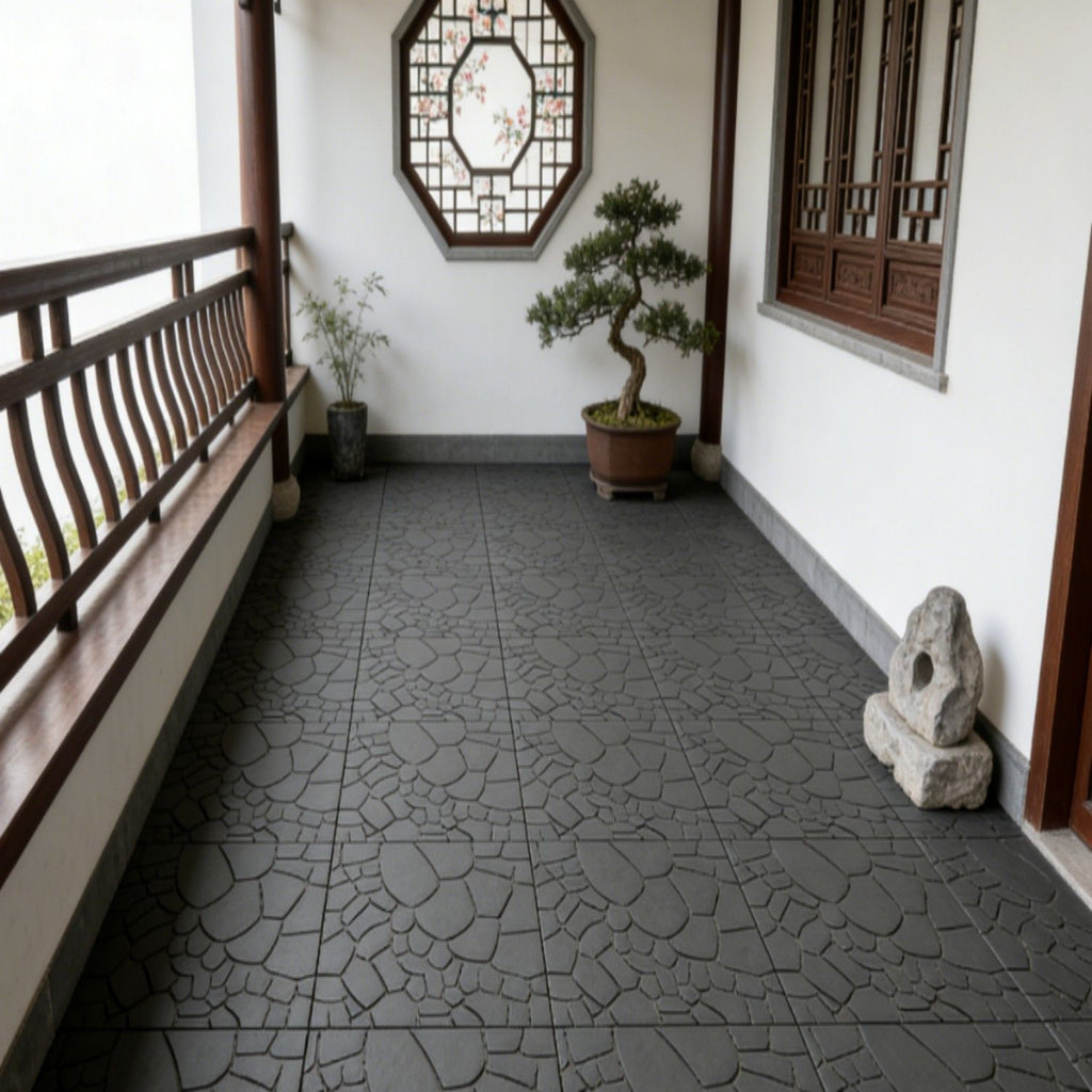 Stone Texture Patio Deck Tiles, Diy Interlocking Floor Tiles (Set of 44) - Dark Gray