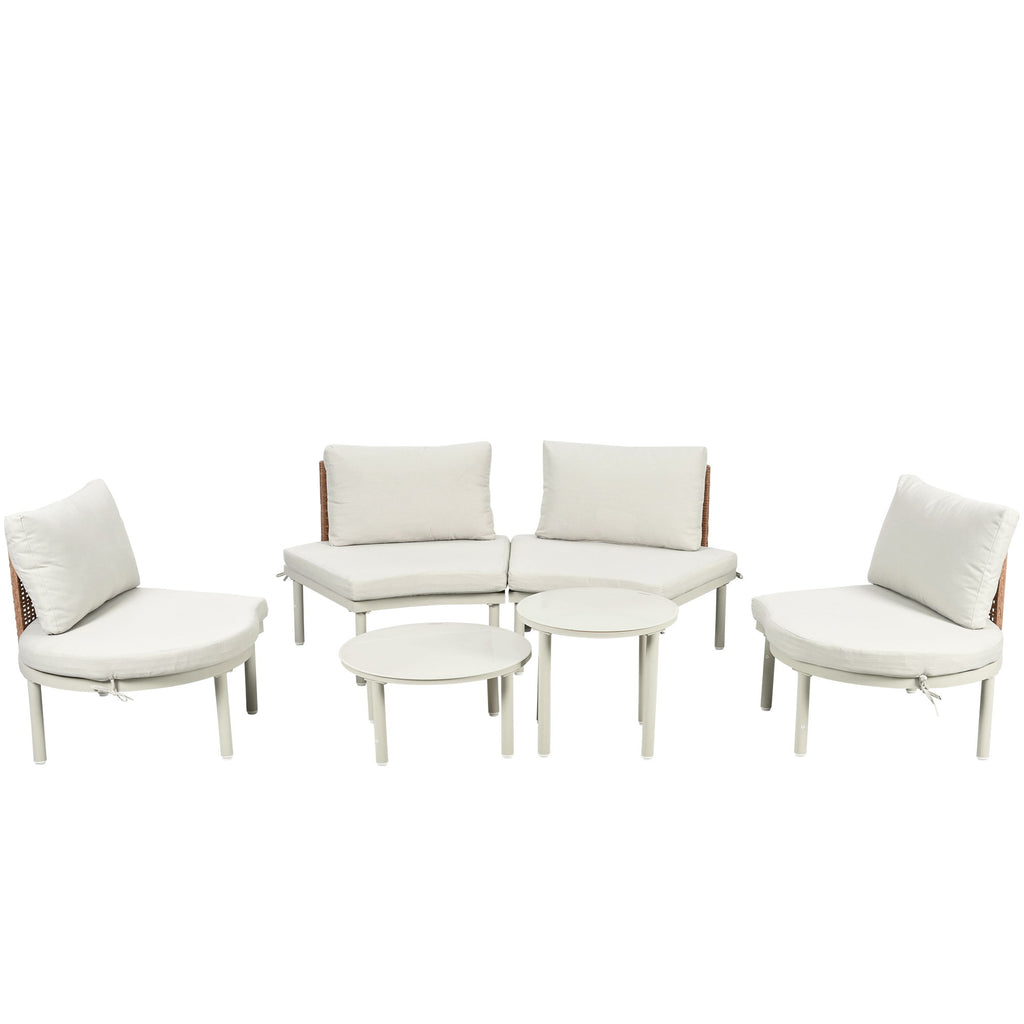 6 Piece Patio Set, Half Moon Outdoor Sectional Sofa With 2 High Low Coffee Tables, 4 Pillows & Cushions