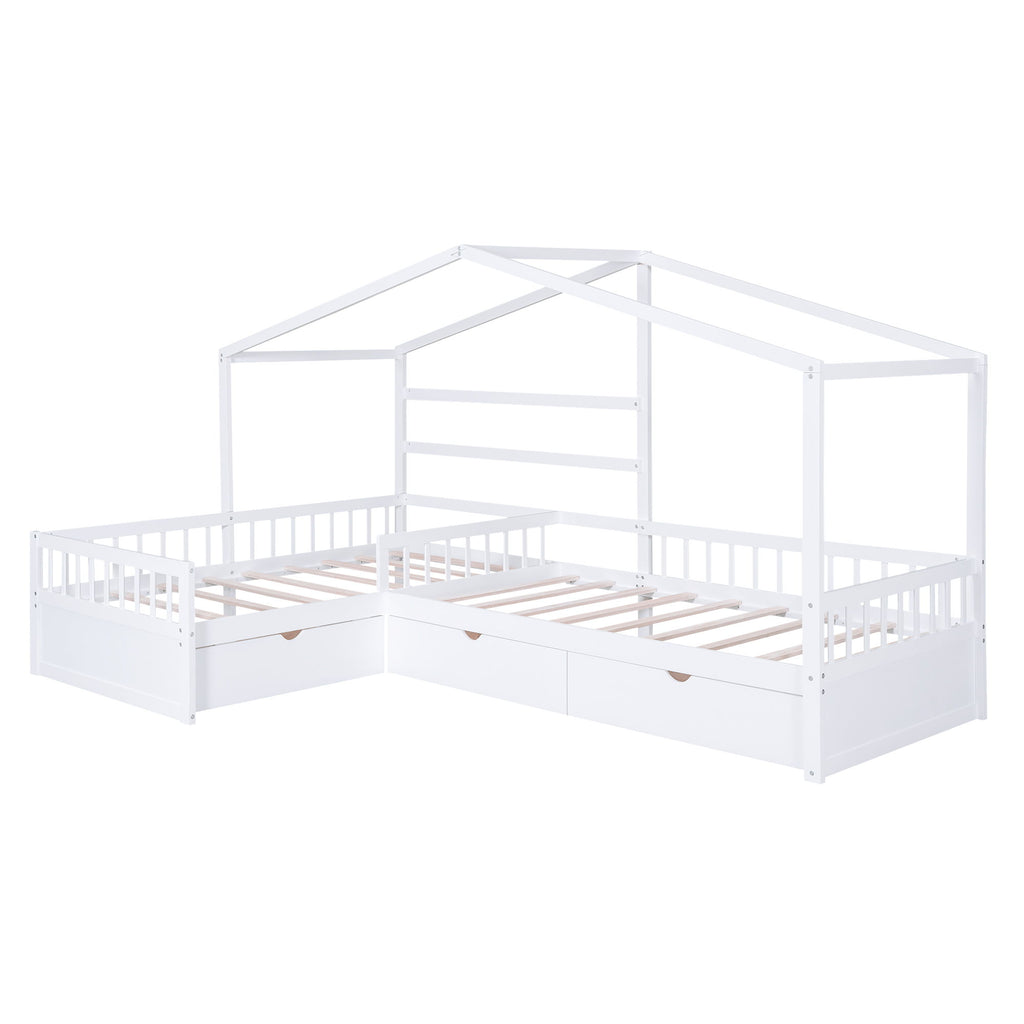 L Shape Platform Bed With 3 Storage Drawers