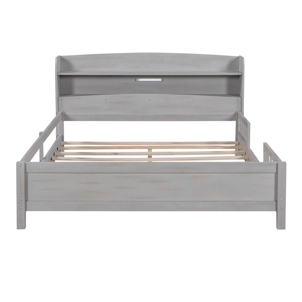 Wood Platform Bed With Built In LED Light, Storage Headboard And Guardrail