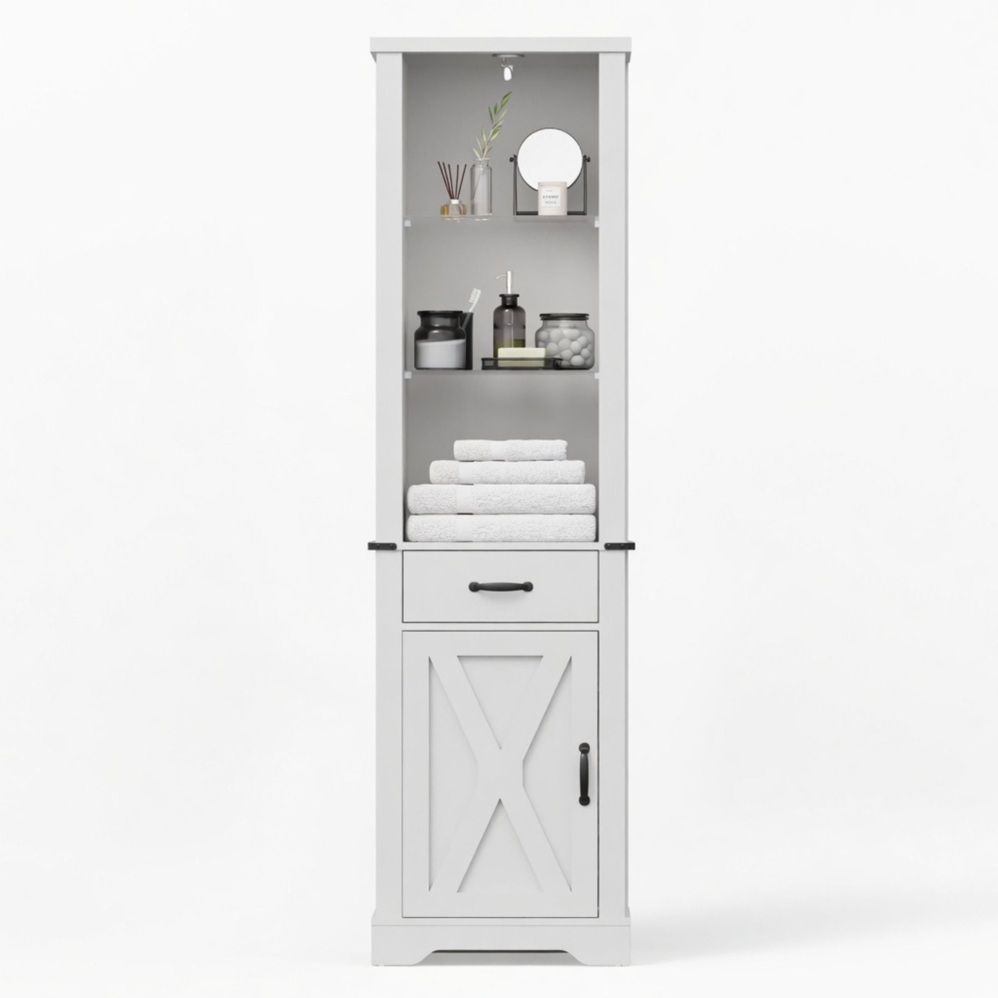 Pantry Cabinet With LED Lights And Barn Door With Tempered Glass Shelves - White