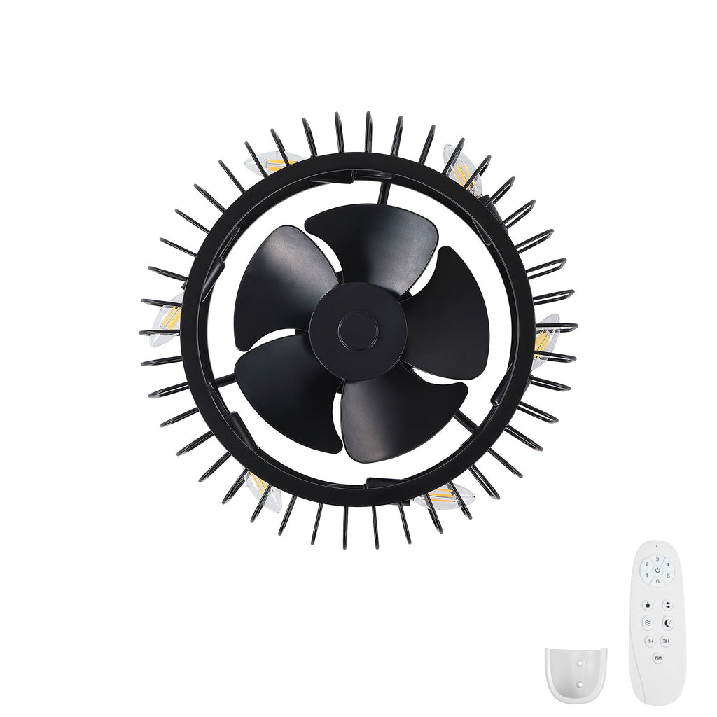 Flush Mount Ceiling Fan With Lights, Low Profile Fandelier With E12 Sockets, Reversible DC Motor, 6 Speeds - Black