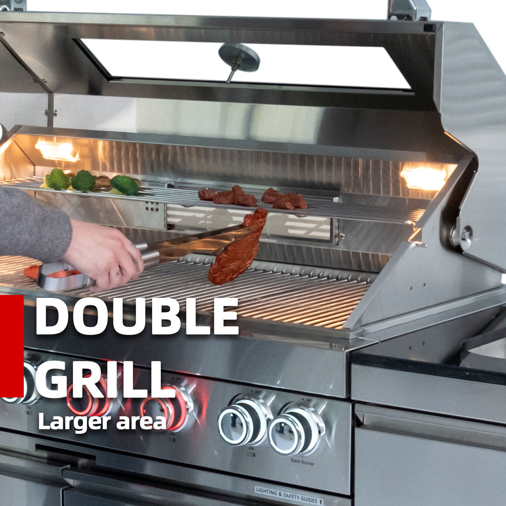 6 Burner 85, 000 Btu Deluxe Gas Outdoor Kitchen Island Grill With Wine Cooler Refrigerator, Rotisserie, Storage Cabinets & Drawers - Silver