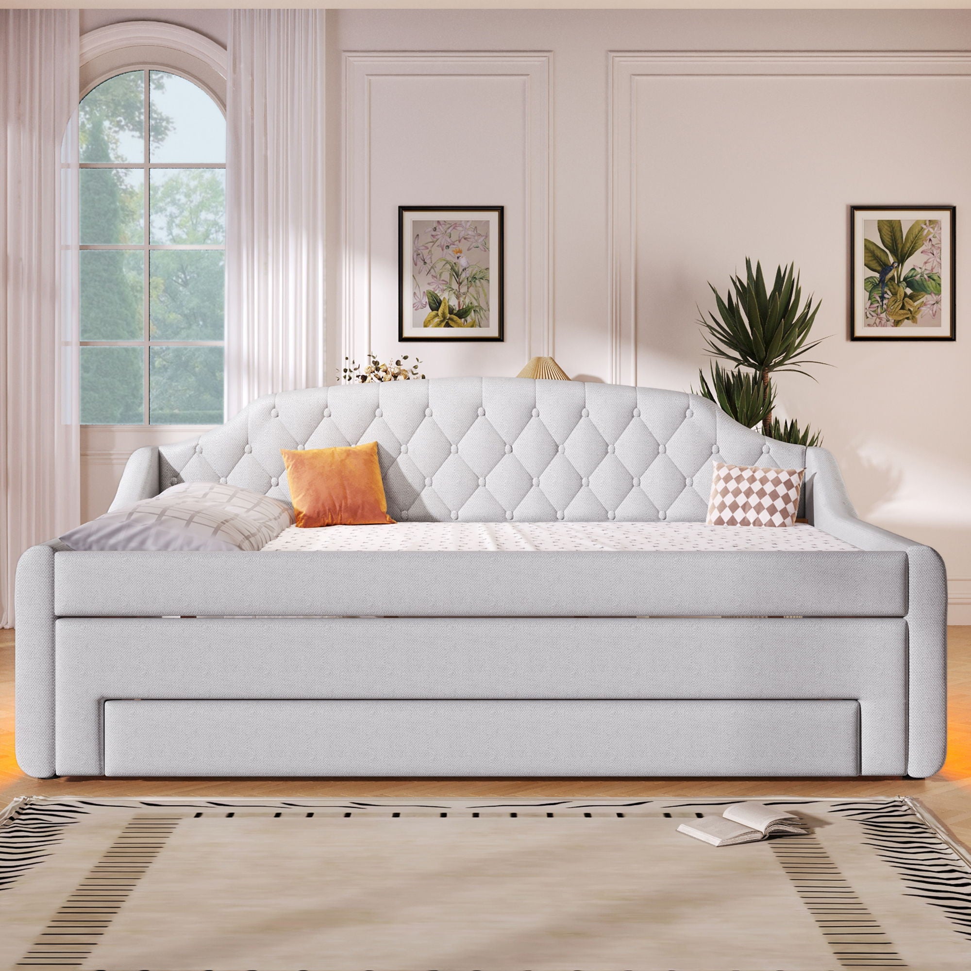 Upholstered Daybed With LED Belt, Trundle And 3 Drawers