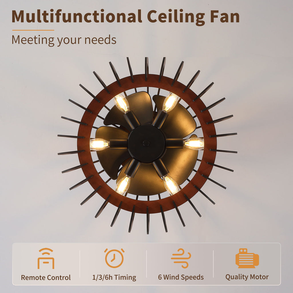 Ceiling Fan, Fandelier With 6 E12 Sockets, Reversible DC Motor, 6 Speeds, Remote Control, Adjustable Hanging - Black / Brown
