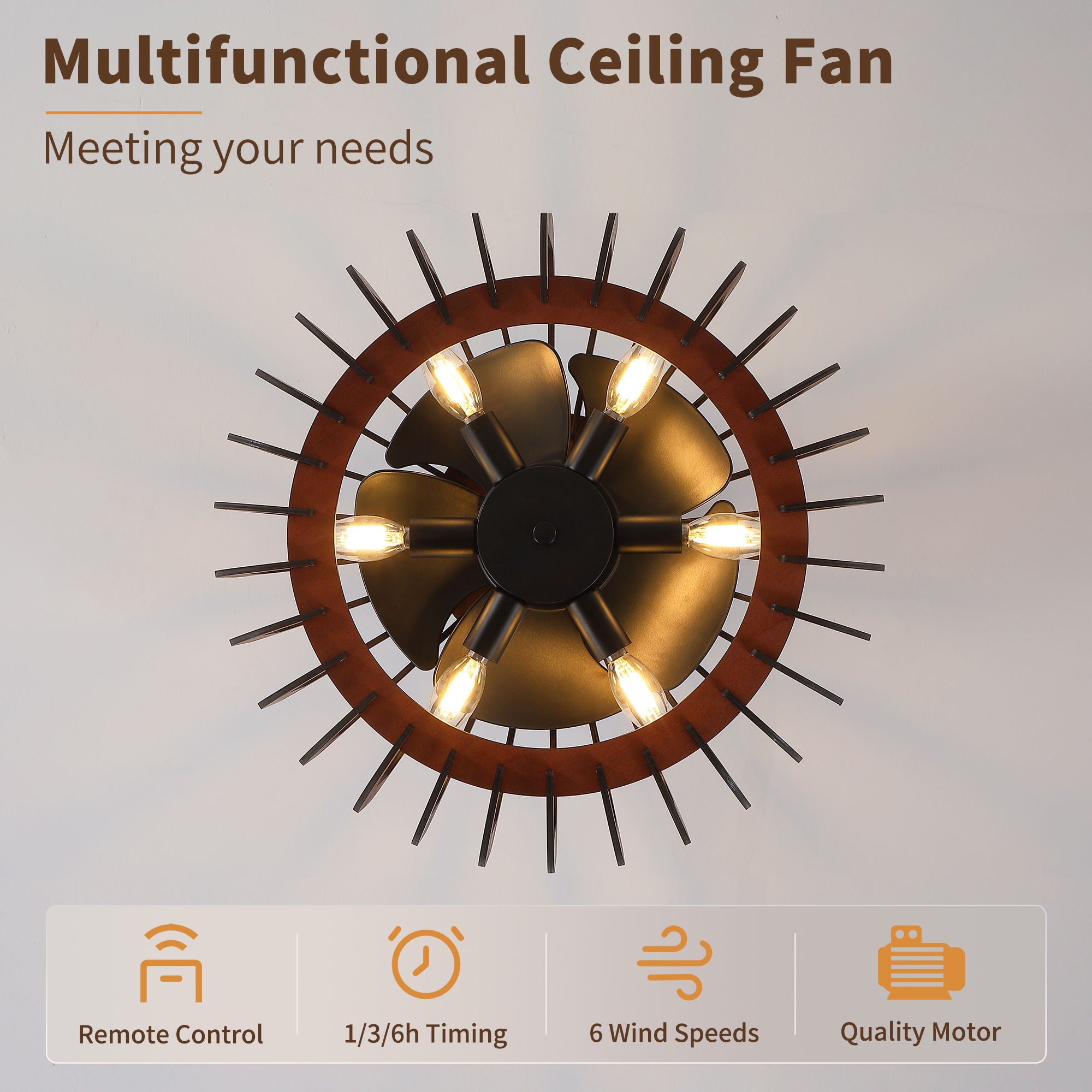 Ceiling Fan, Fandelier With 6 E12 Sockets, Reversible DC Motor, 6 Speeds, Remote Control, Adjustable Hanging - Black / Brown