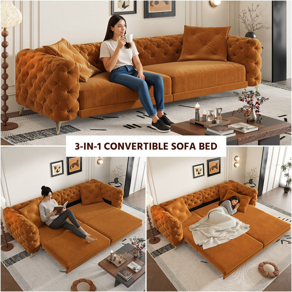 3 In 1 Convertible Sleeper, Deep Seat Pull Out Sofa Bed, Button Tufted