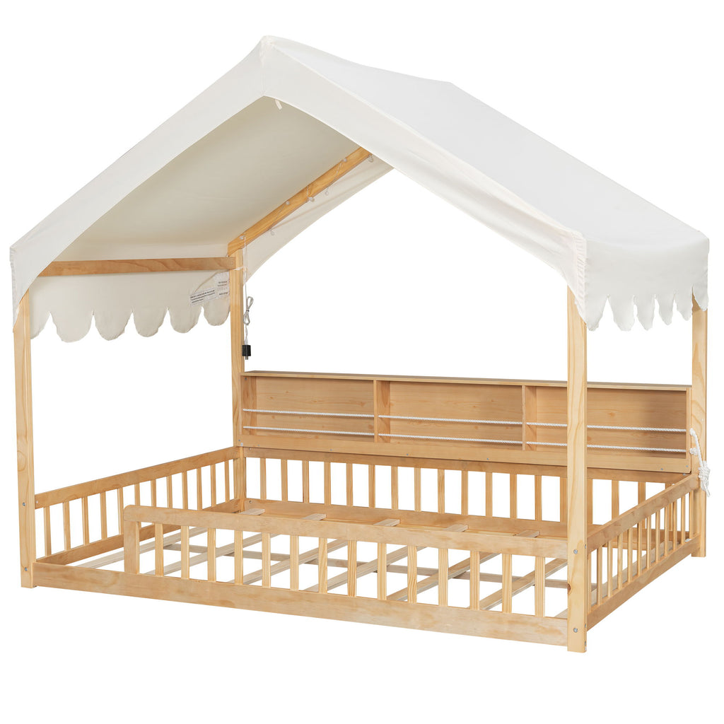 House Shaped Floor Bed With Fense, 3 Storage Bookshelves, Curtain And LED Light