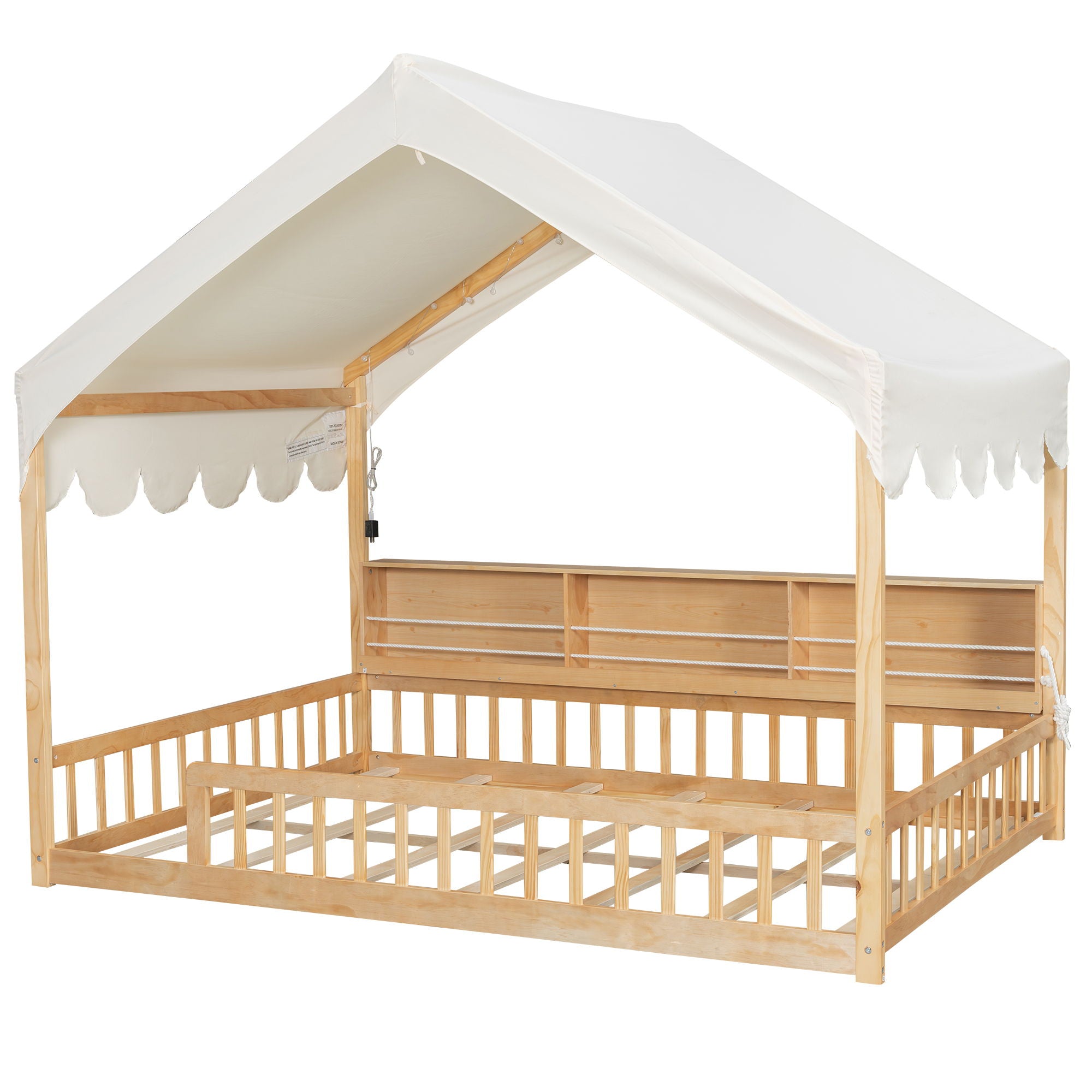 House Shaped Floor Bed With Fense, 3 Storage Bookshelves, Curtain And LED Light