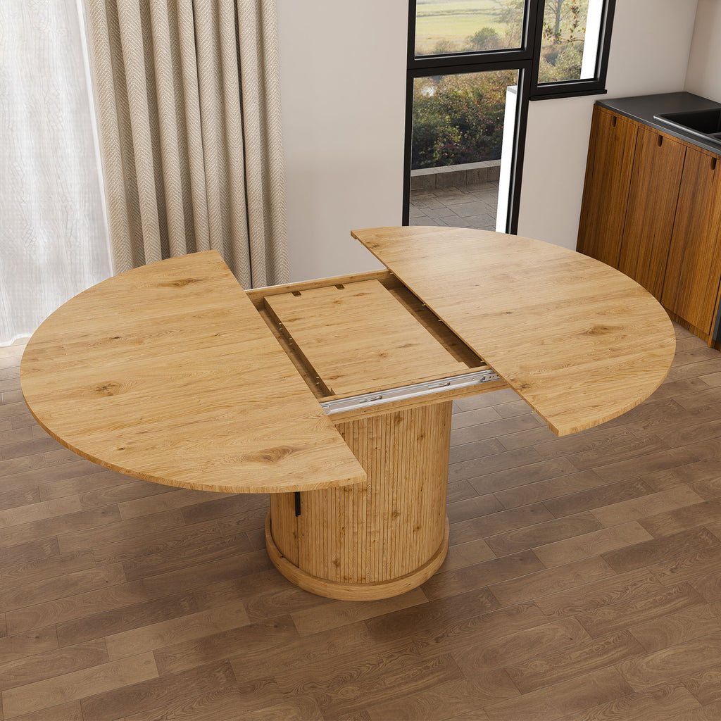 Extendable Oval Dining Table Set With 4 Cushioned Chairs, 2 Tier Storage - Oak
