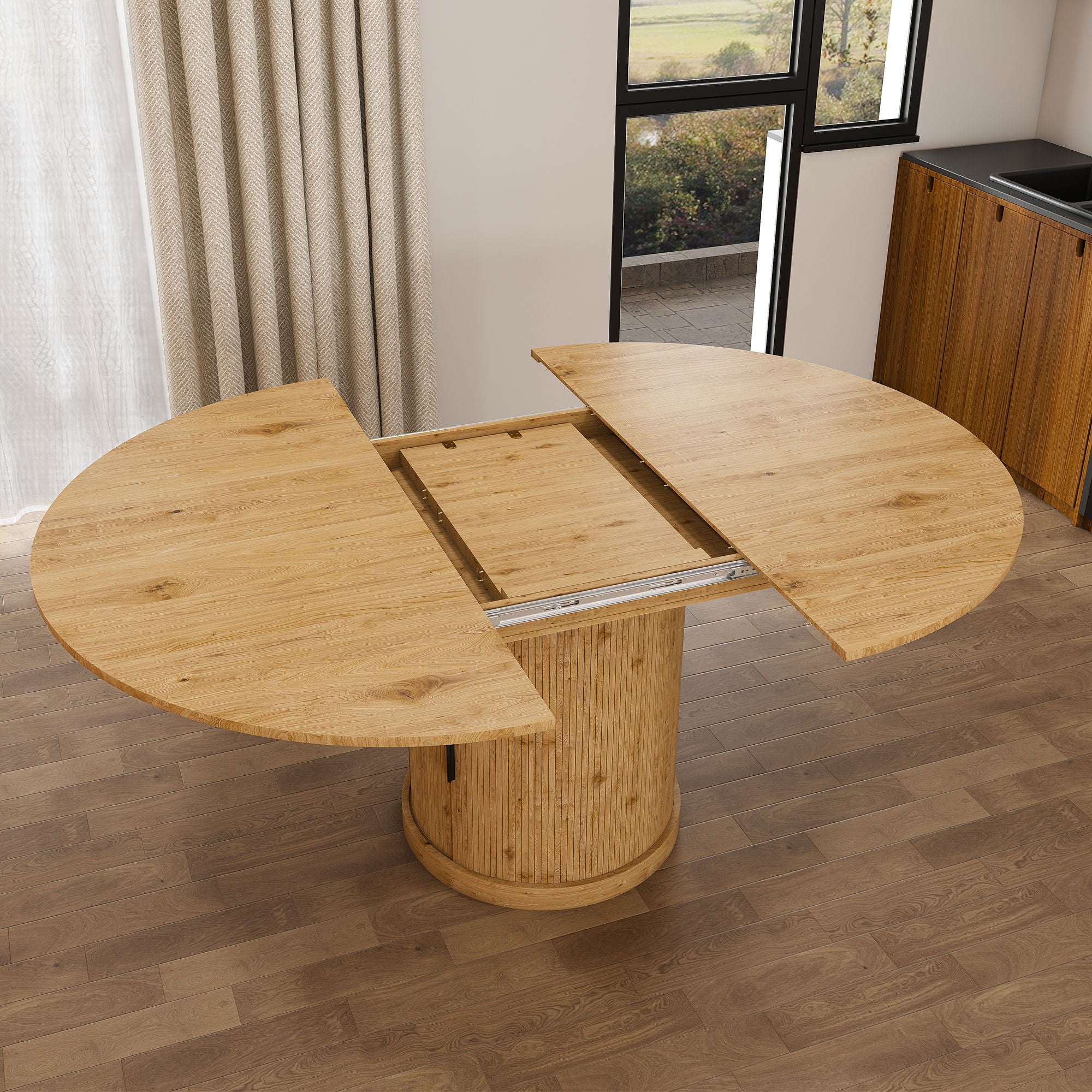 Extendable Oval Dining Table Set With 4 Cushioned Chairs, 2 Tier Storage - Oak